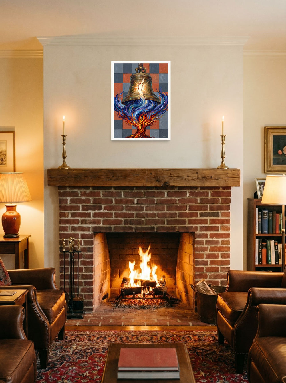 'Resonance of the Fractured Bell', a Symbolism print styled on a mantel above a fireplace. Shown as unframed paper, 18x24 inch.