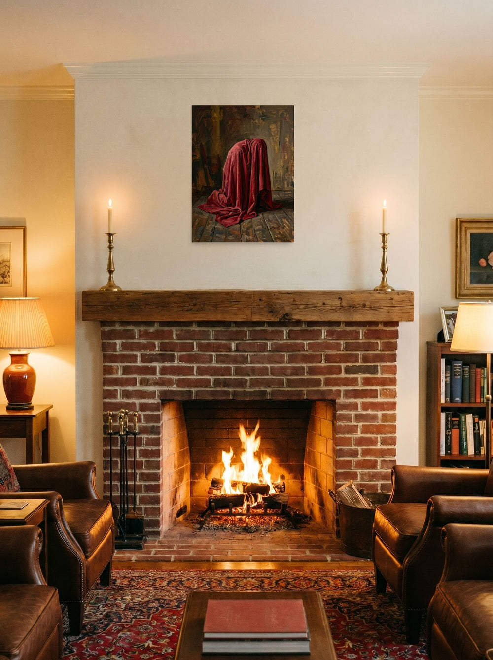 A 18x24 inch unframed paper Baroque,Realism print of 'The Red Drape' displayed above a fireplace.