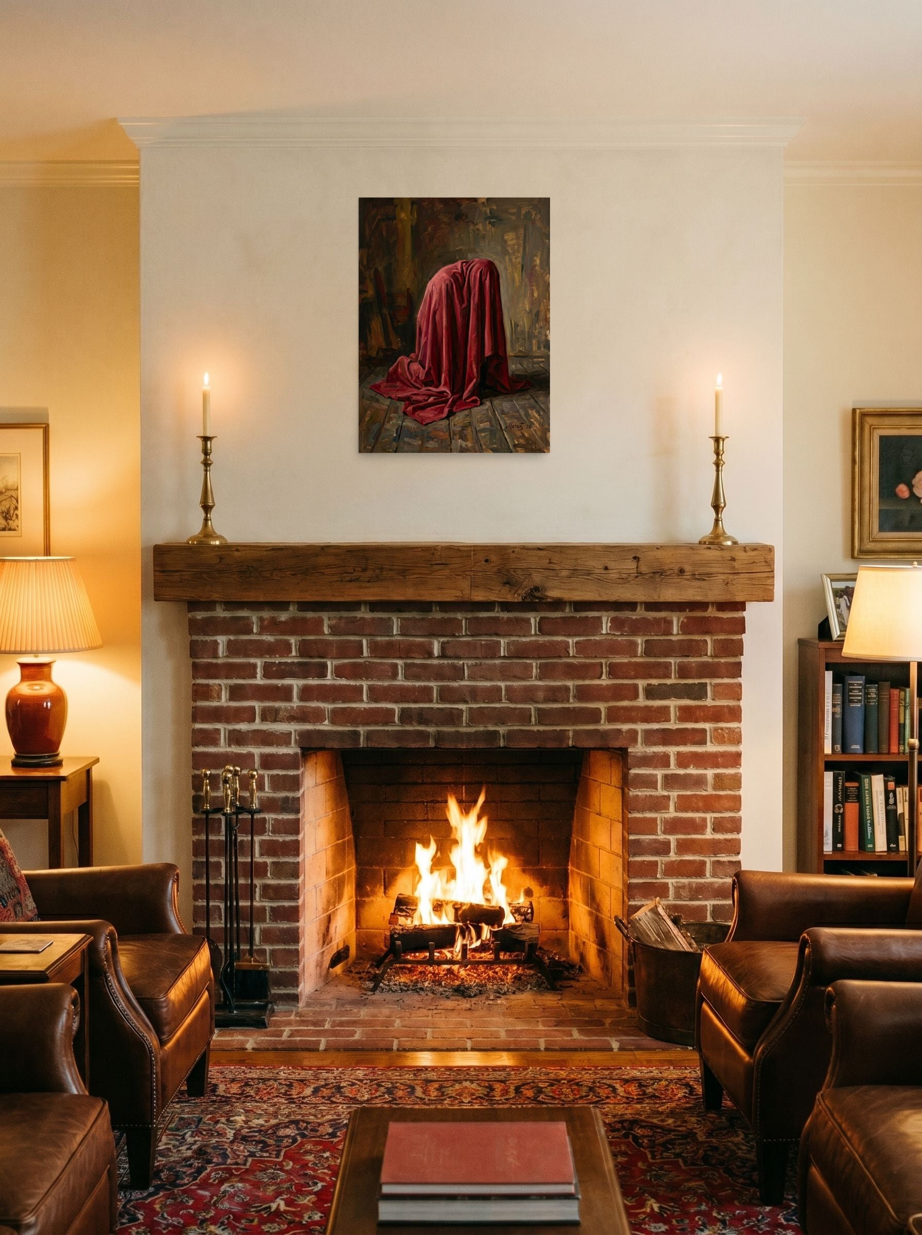 A 18x24 inch unframed paper Baroque,Realism print of 'The Red Drape' displayed above a fireplace.