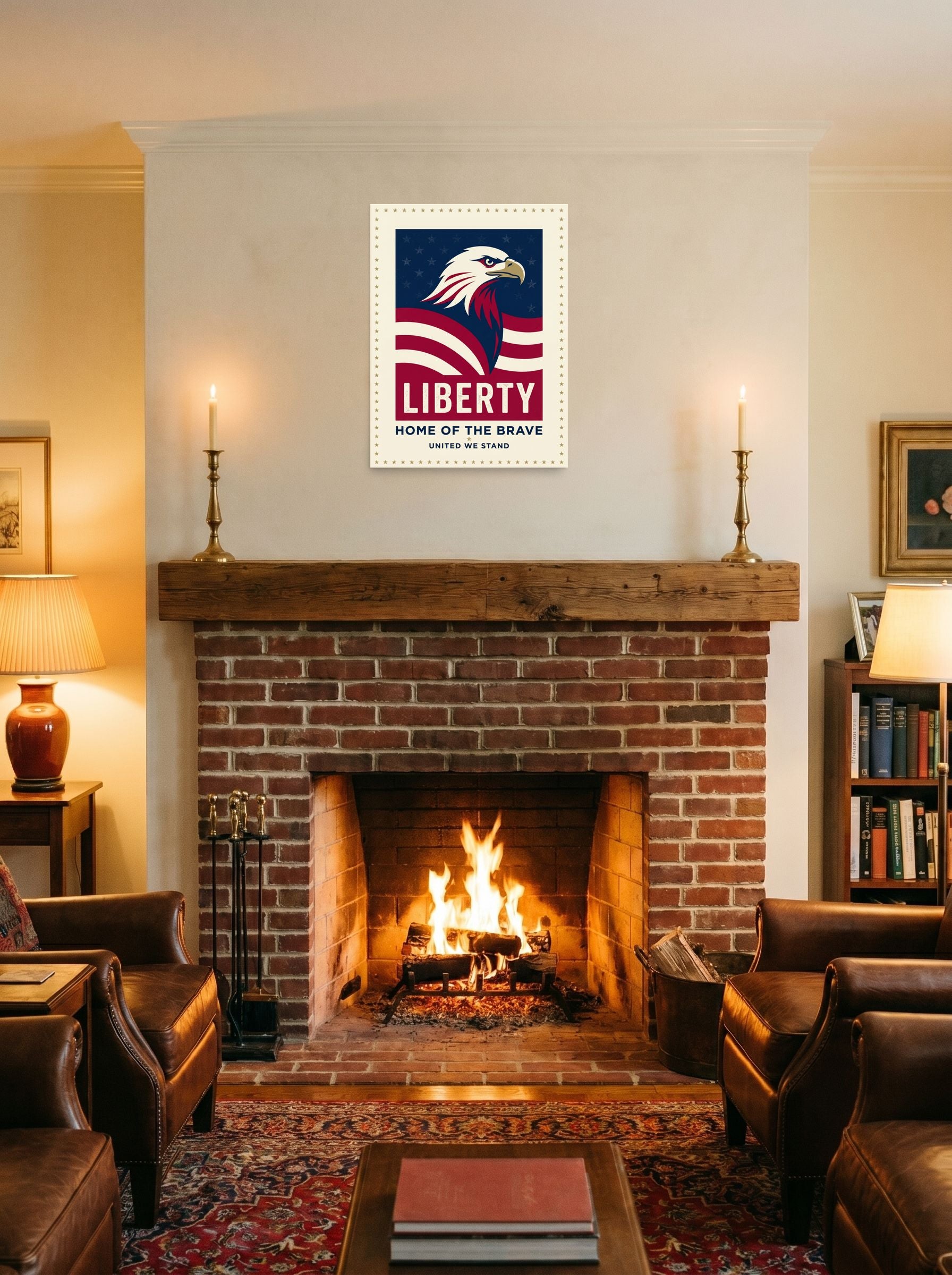 A 18x24 inch unframed paper Pop art print of 'Spirit of Liberty' displayed above a fireplace.