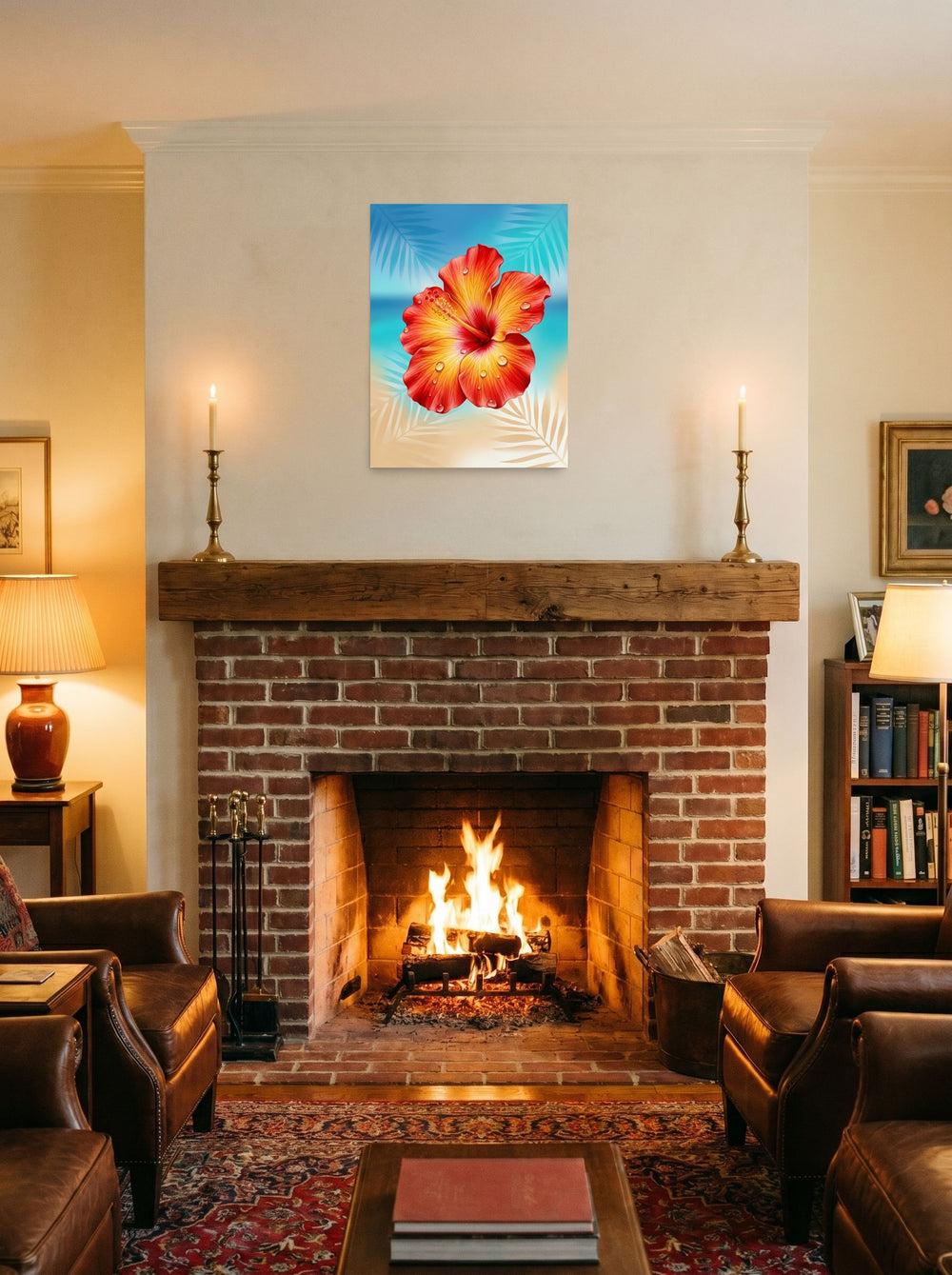A 18x24 inch unframed paper Realism print of 'Radiant Hibiscus' displayed above a fireplace.