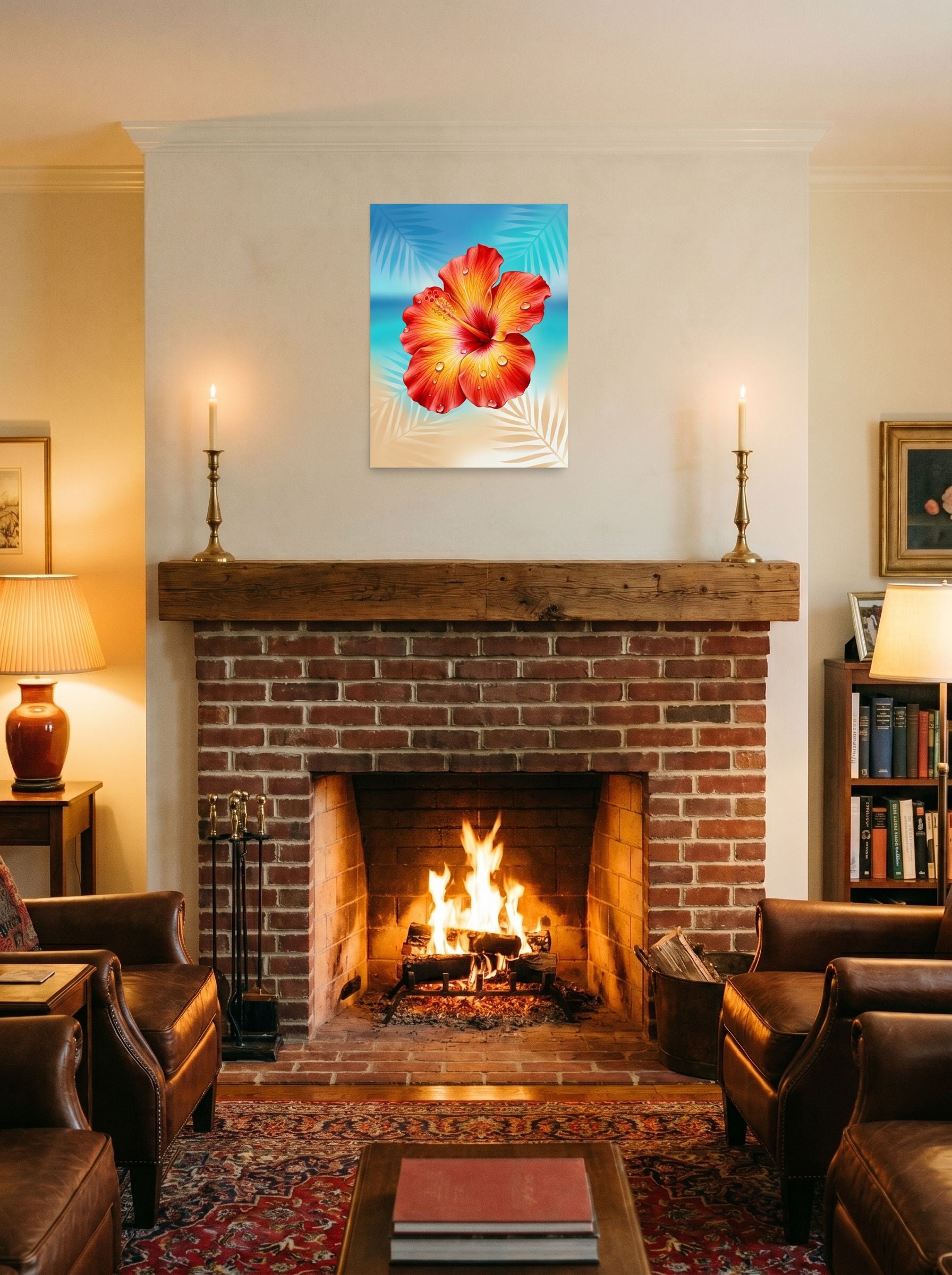 A 18x24 inch unframed paper Realism print of 'Radiant Hibiscus' displayed above a fireplace.