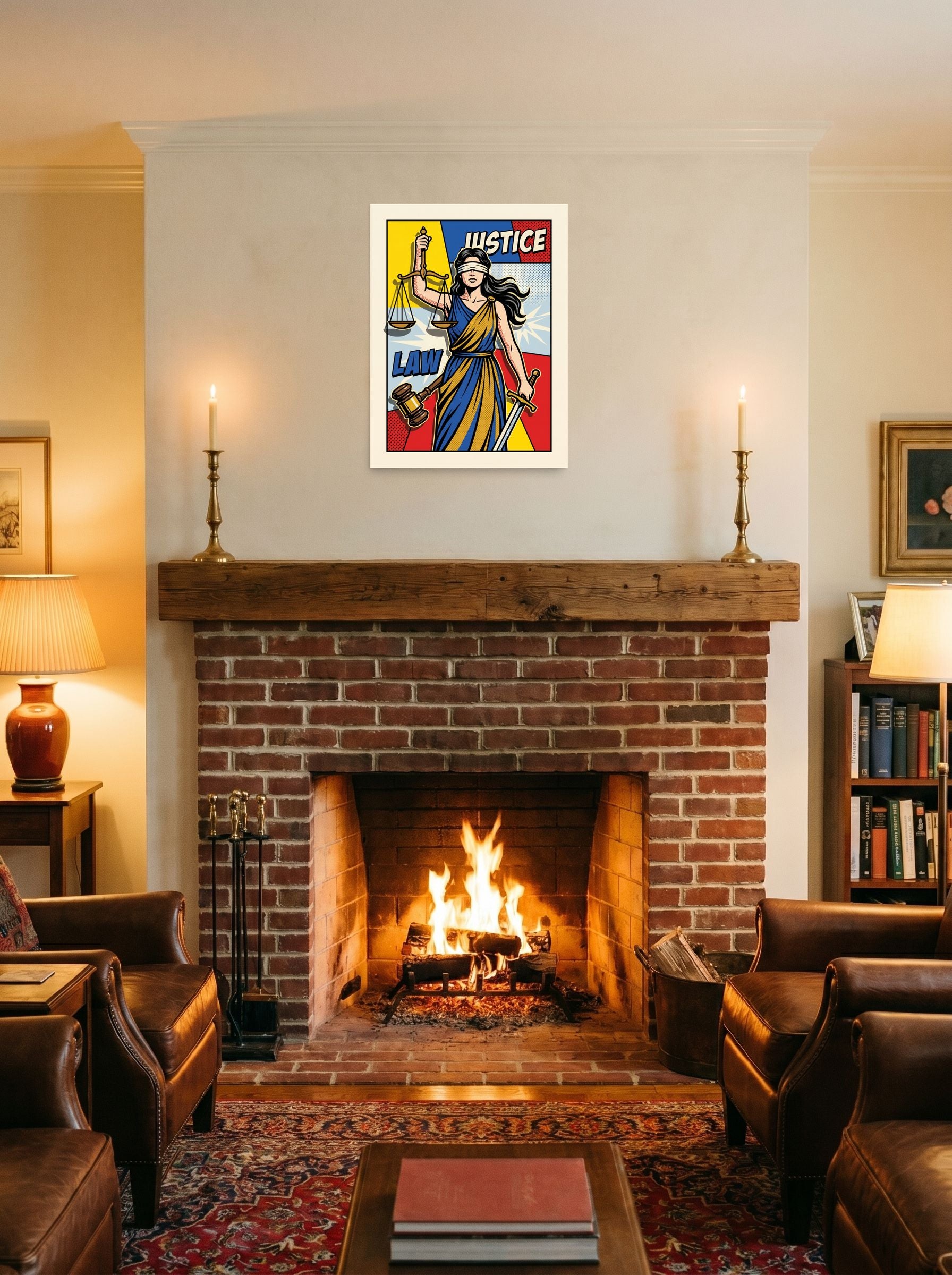 A 18x24 inch unframed paper Pop art print of 'Pop Art Justice' displayed above a fireplace.