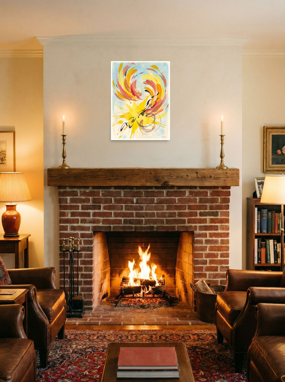 'Solstice Flight' in 18x24 inch unframed paper, hung over a fireplace as a focal point.