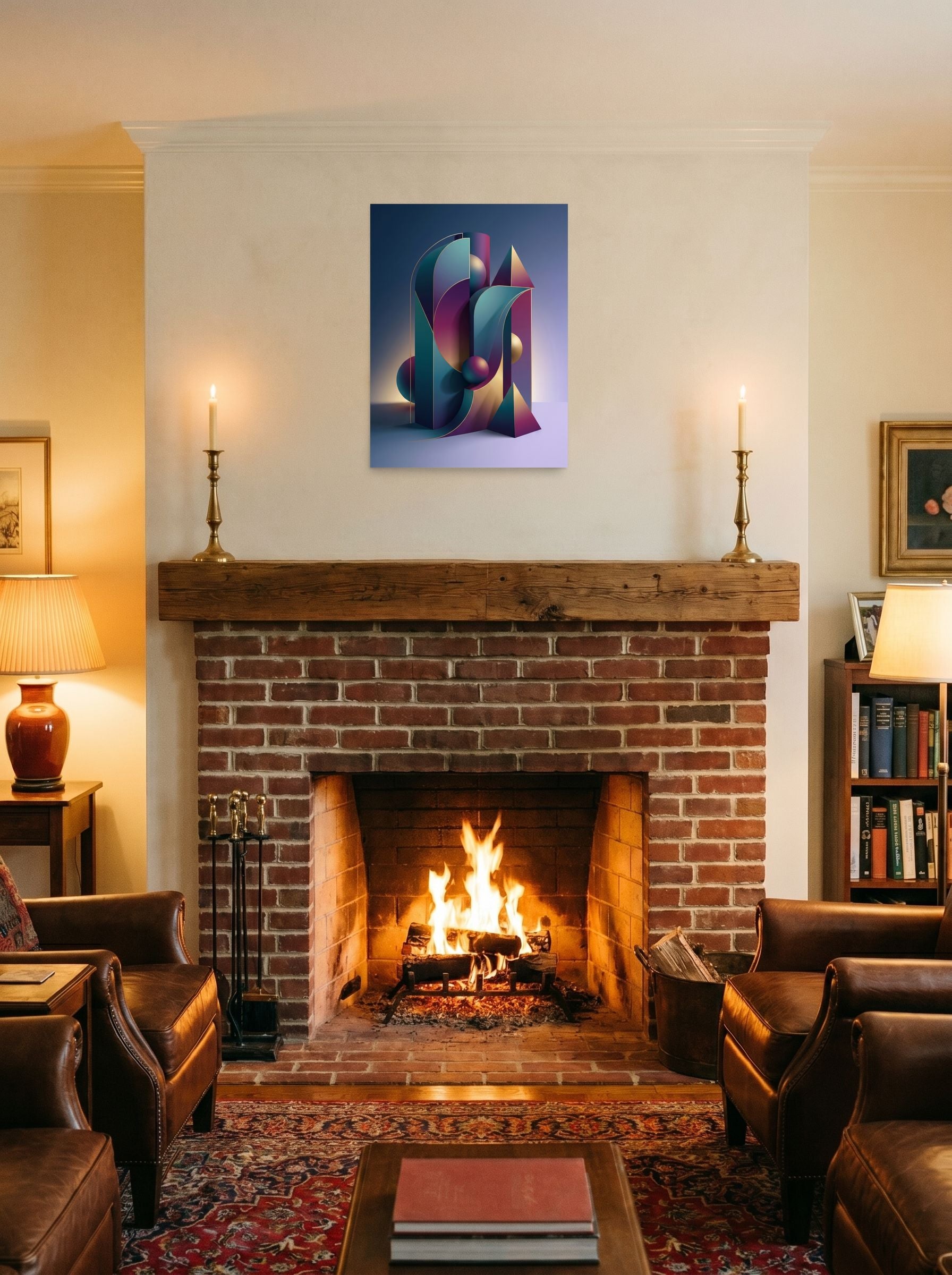 A 18x24 inch unframed paper Geometric abstract art print of 'Luminescent Geometry' displayed above a fireplace.
