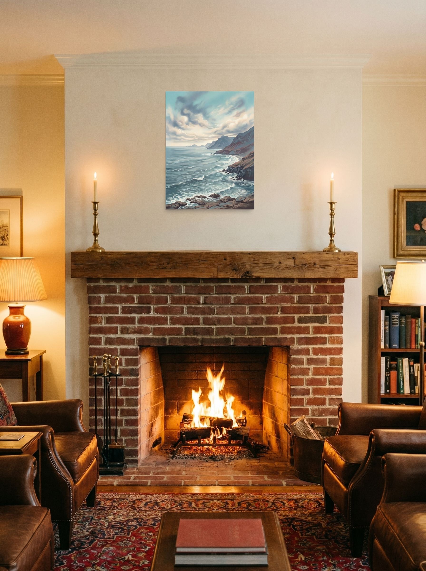 A 18x24 inch unframed paper Romanticism print of 'Coastal Echoes' displayed above a fireplace.