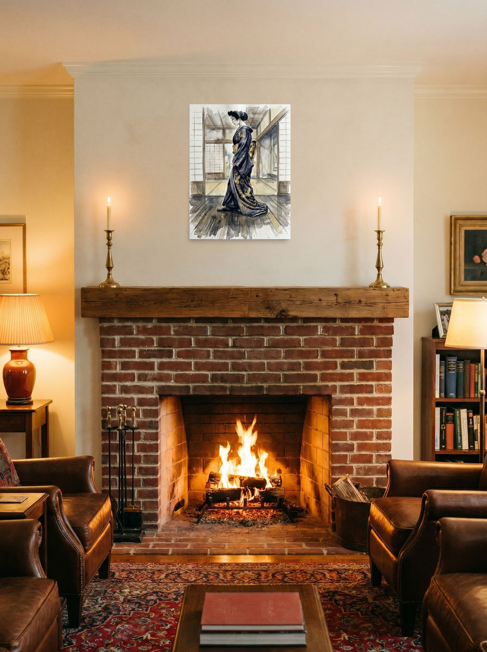 A 18x24 inch unframed paper Japanese art print of 'The Golden Crane Kimono' displayed above a fireplace.