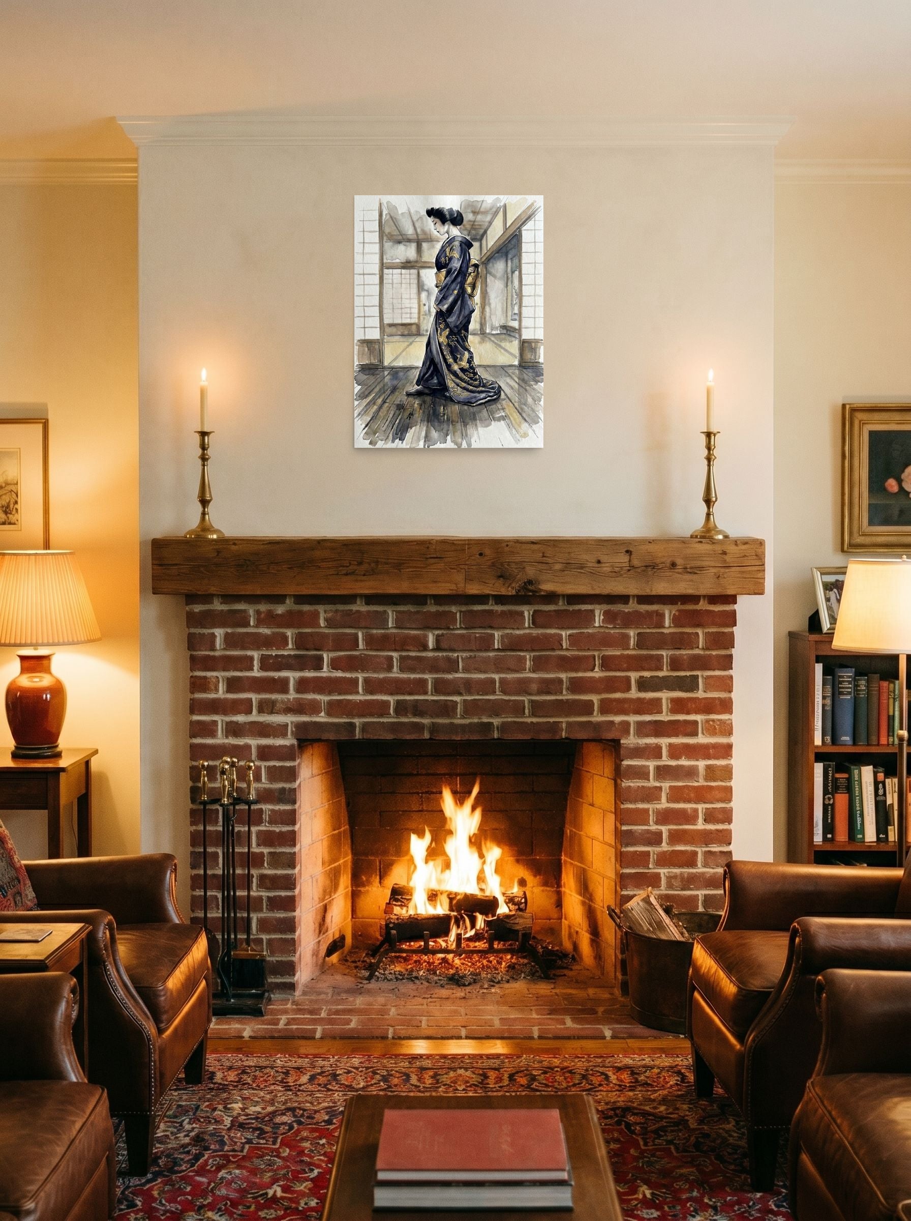 A 18x24 inch unframed paper Japanese art print of 'The Golden Crane Kimono' displayed above a fireplace.