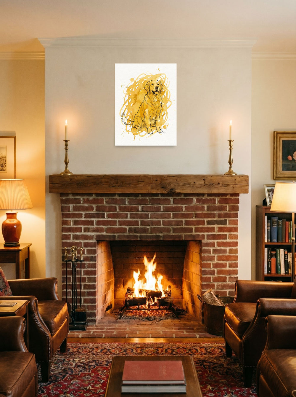 See 'Golden Companion' as a unframed paper print (18x24 inch), hung over a fireplace as a focal point.
