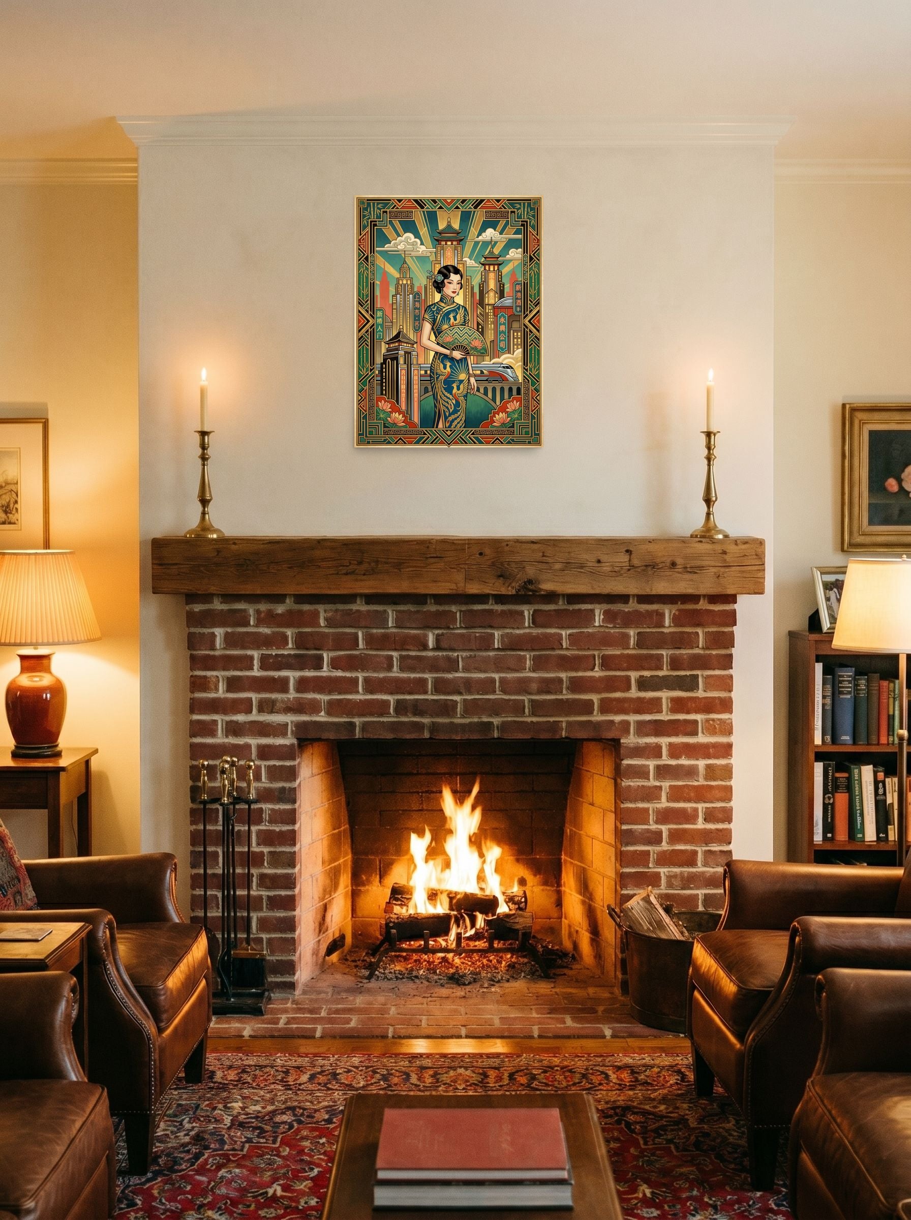 A 18x24 inch unframed paper Art Deco print of 'Shanghai Moderne' displayed above a fireplace.