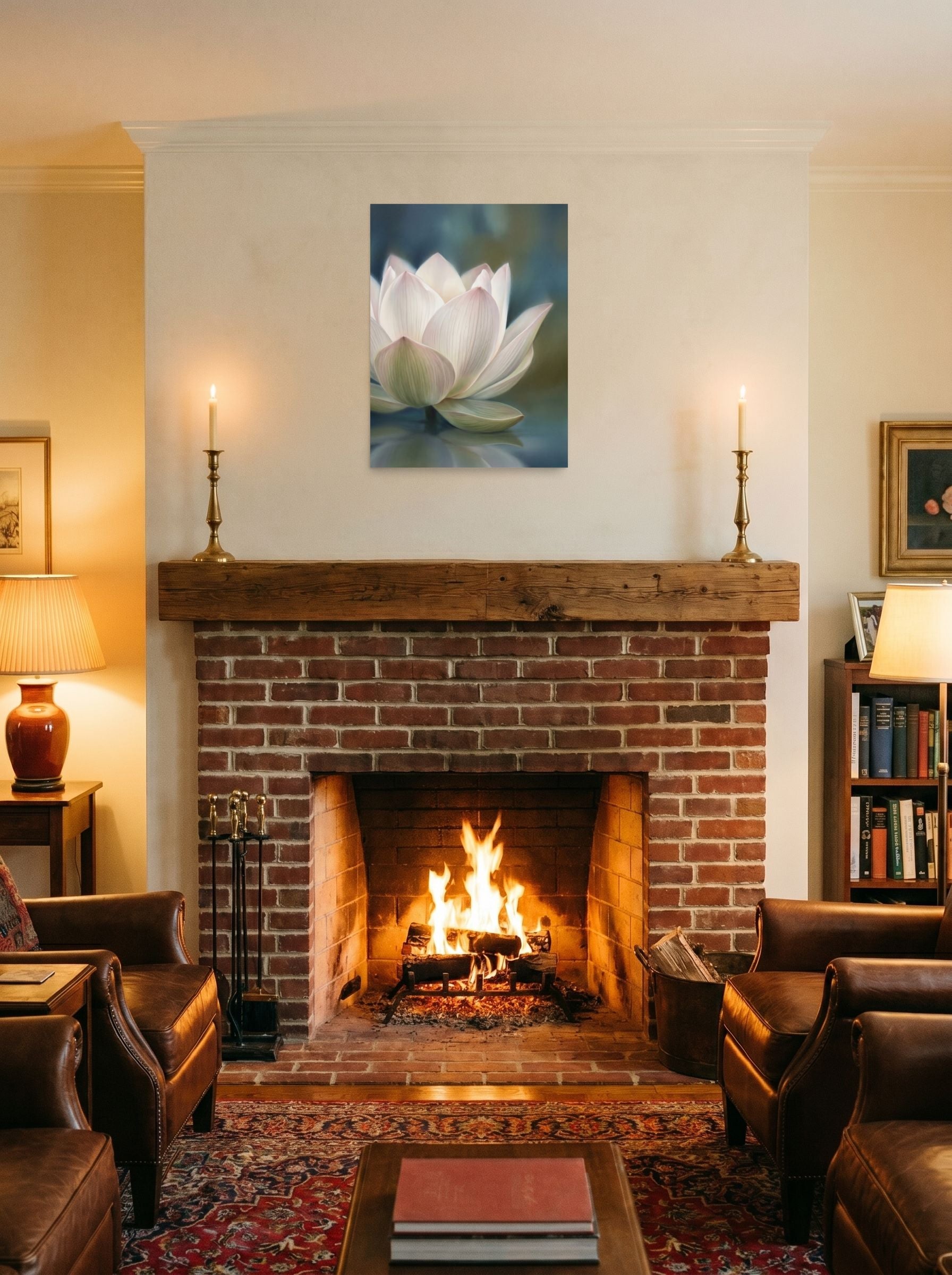 A 18x24 inch unframed paper Realism print of 'Serene Lotus Reflection' displayed above a fireplace.