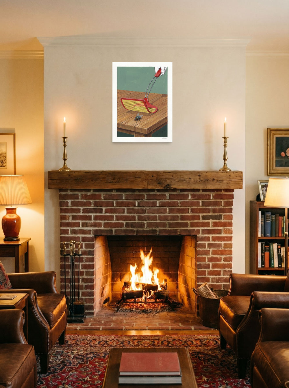 Pop art wall art 'The Impending Strike', unframed paper at 18x24 inch, hung over a fireplace as a focal point.