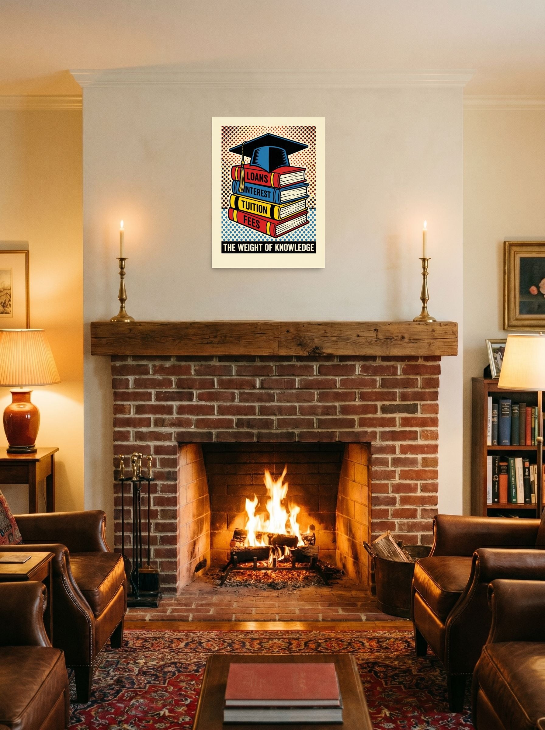 A 18x24 inch unframed paper Pop art print of 'The Weight of Knowledge' displayed above a fireplace.
