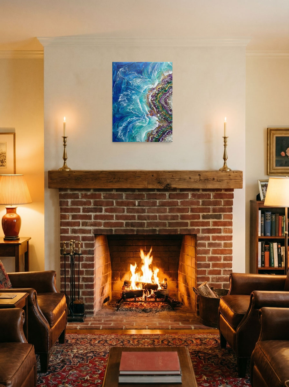A 18x24 inch unframed paper Abstract art print of 'Crystal Coast' displayed above a fireplace.