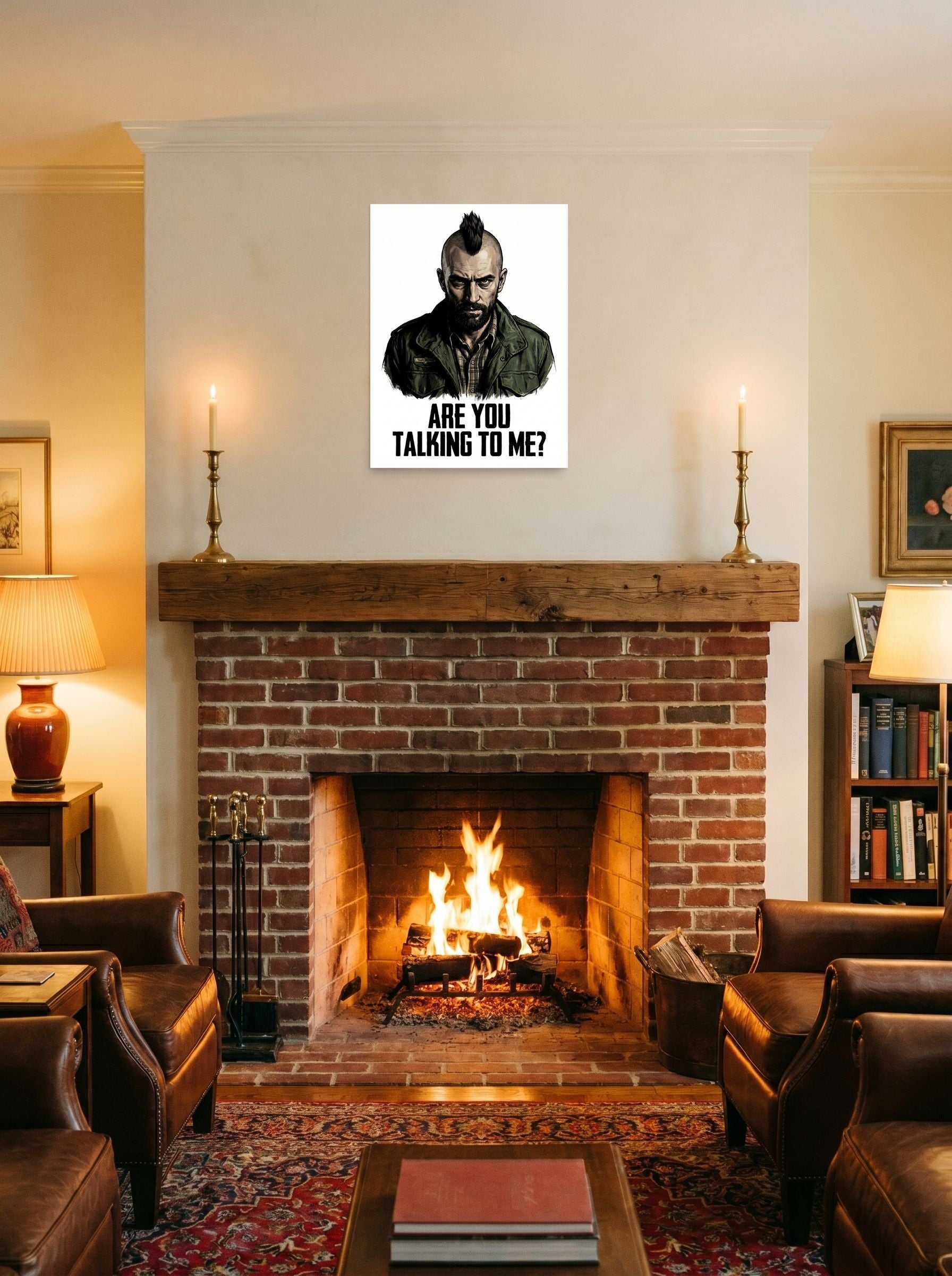 A 18x24 inch unframed paper Pop art,Digital art print of 'Talking to Me' displayed above a fireplace.