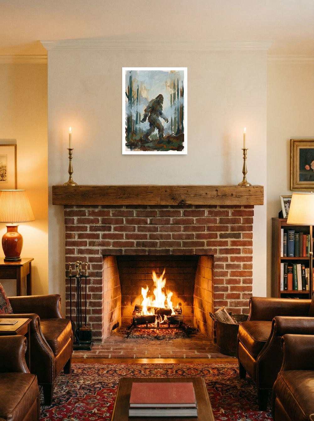 Mockup of 'Shadow of Pines' as a 18x24 inch unframed paper print, displayed above a fireplace.