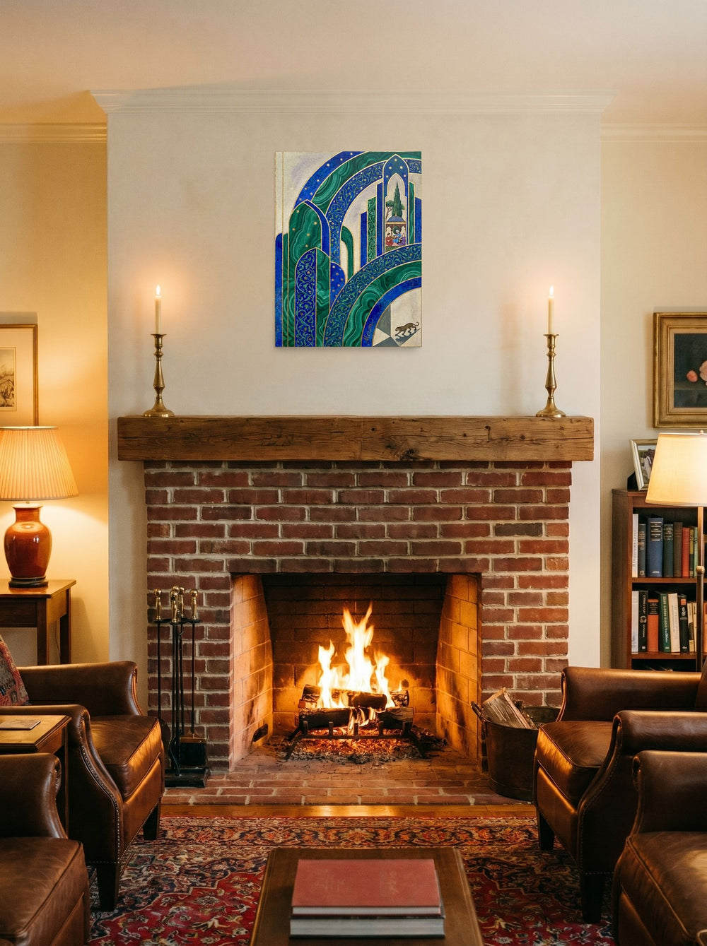 A 18x24 inch unframed paper Art Deco print of 'Malachite Palace' displayed above a fireplace.