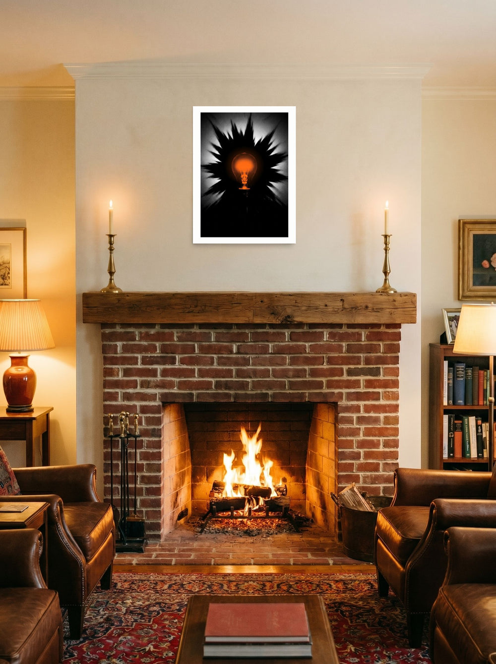 A unframed paper print of the Pop art artwork 'Spark of Innovation', displayed above a fireplace.