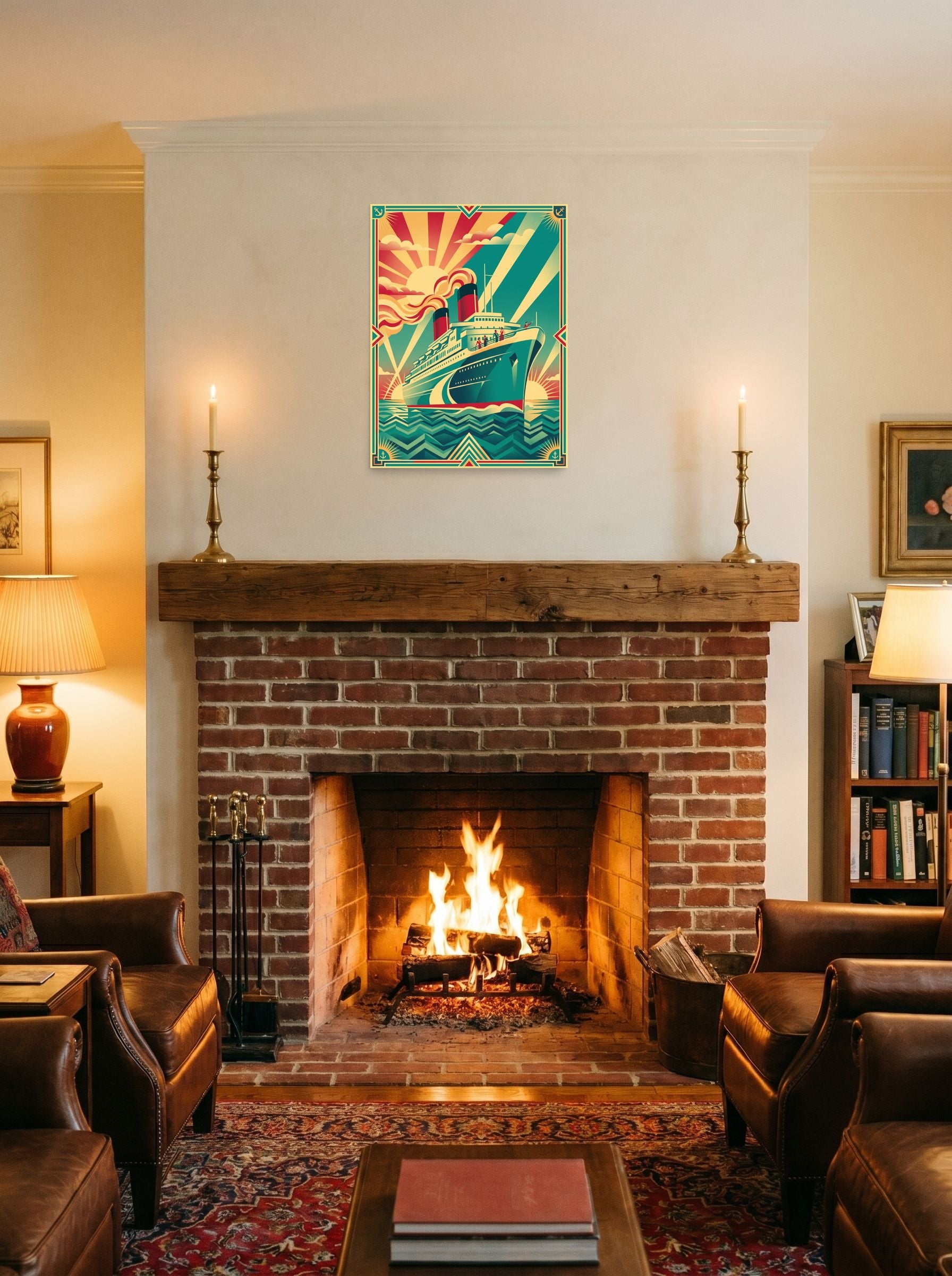 A 18x24 inch unframed paper Art Deco print of 'Voyage of the Sunburst' displayed above a fireplace.