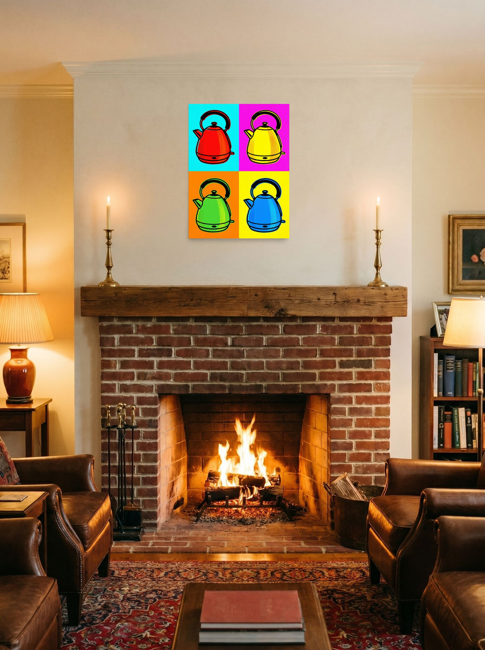 A 18x24 inch unframed paper Pop art print of 'Quad Chroma Kettle' displayed above a fireplace.
