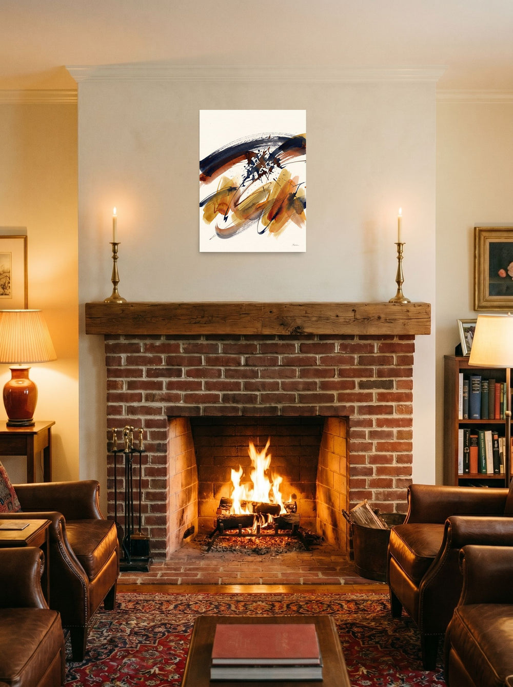 unframed paper wall art 'Sienna Momentum' styled on a mantel above a fireplace, at 18x24 inch.