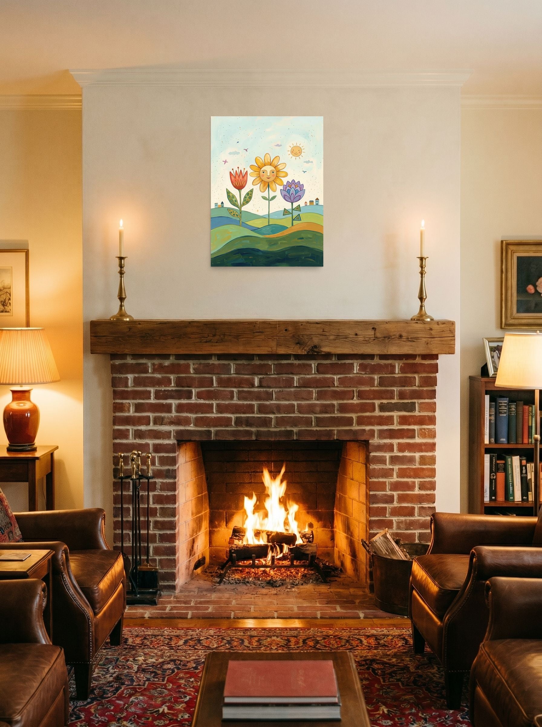 A 18x24 inch unframed paper Naive art print of 'Smiling Flowers In The Sun' displayed above a fireplace.
