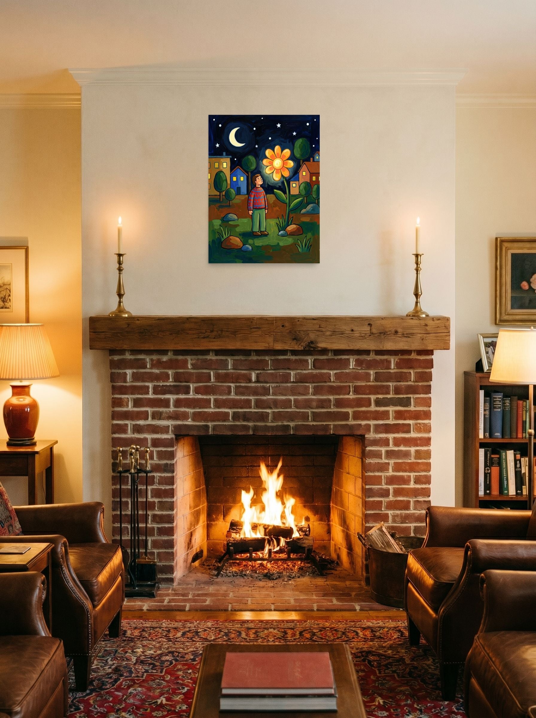 A 18x24 inch unframed paper Naive art print of 'The Glowing Night Bloom' displayed above a fireplace.