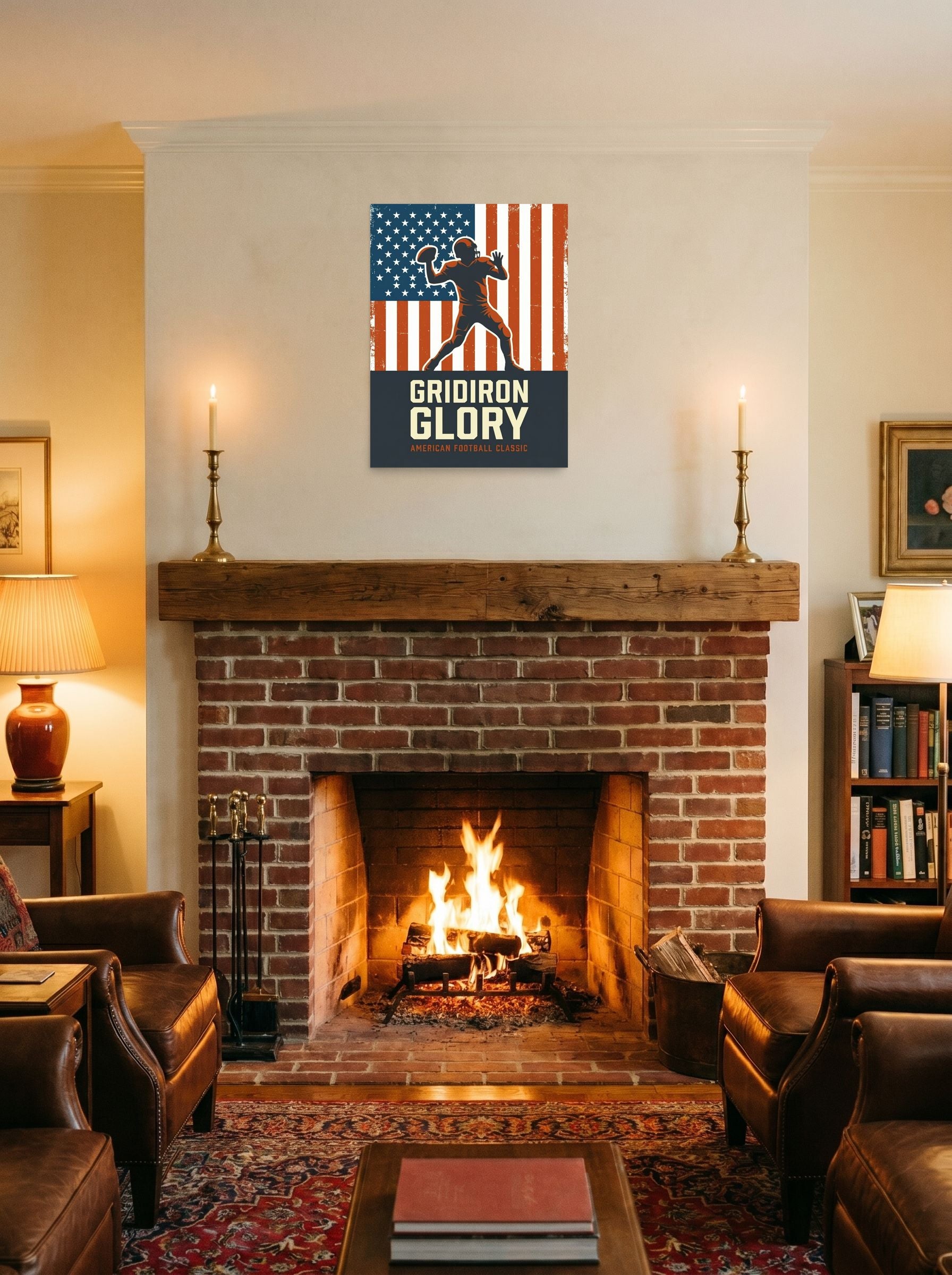 A 18x24 inch unframed paper Pop art,Digital art print of 'Gridiron Glory' displayed above a fireplace.