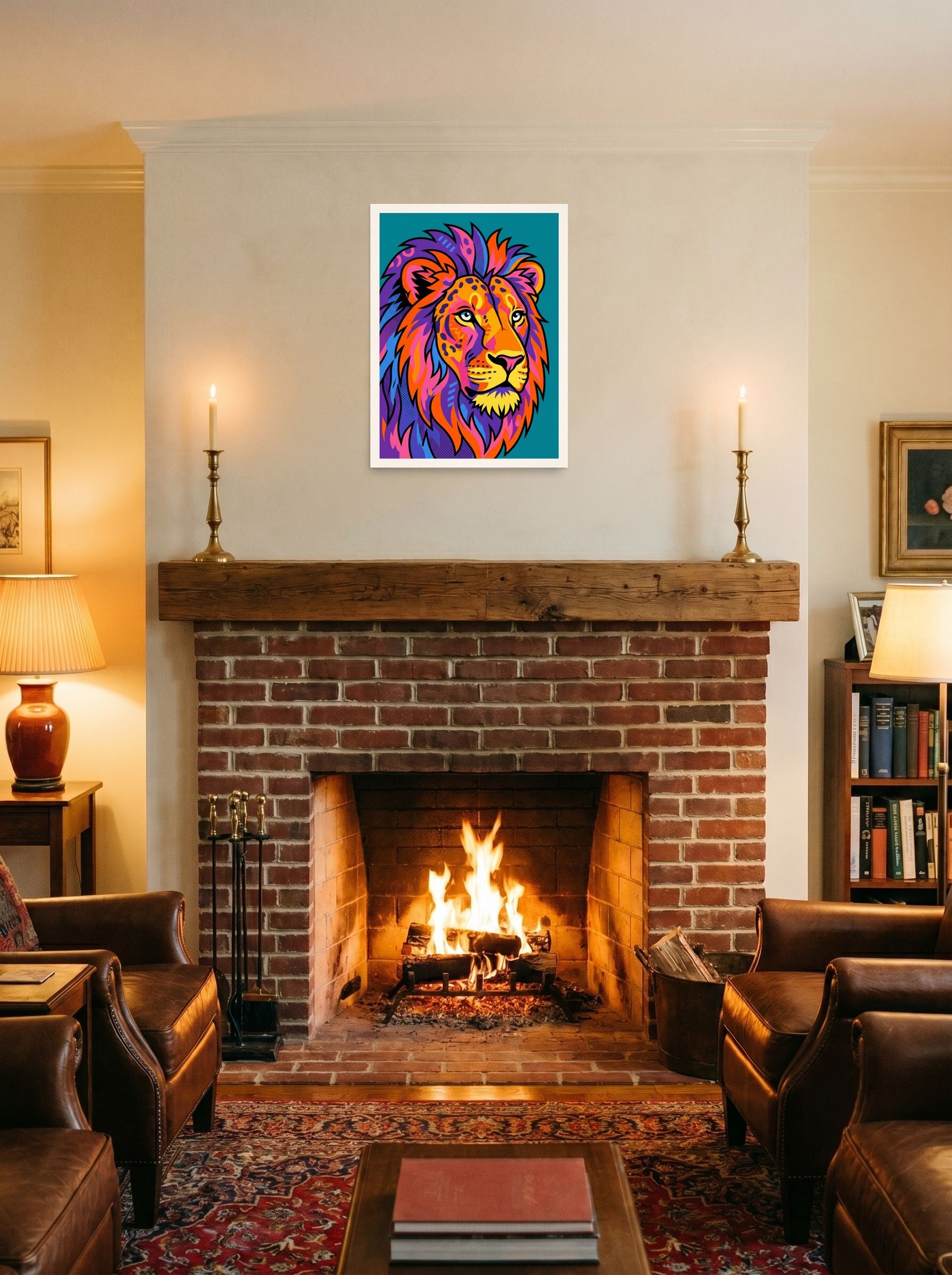 A 18x24 inch unframed paper Pop art print of 'Neon King' displayed above a fireplace.