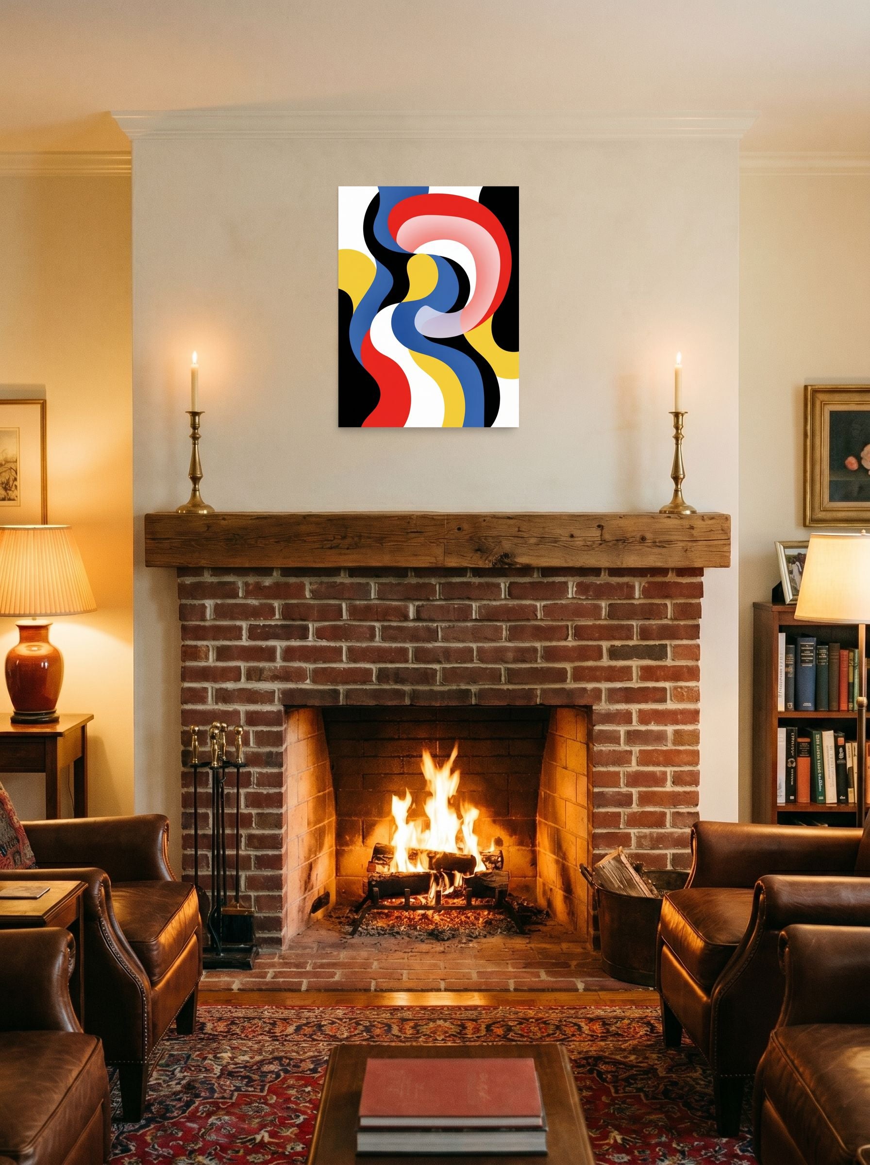A 18x24 inch unframed paper Op Art print of 'Chromatic Flow' displayed above a fireplace.