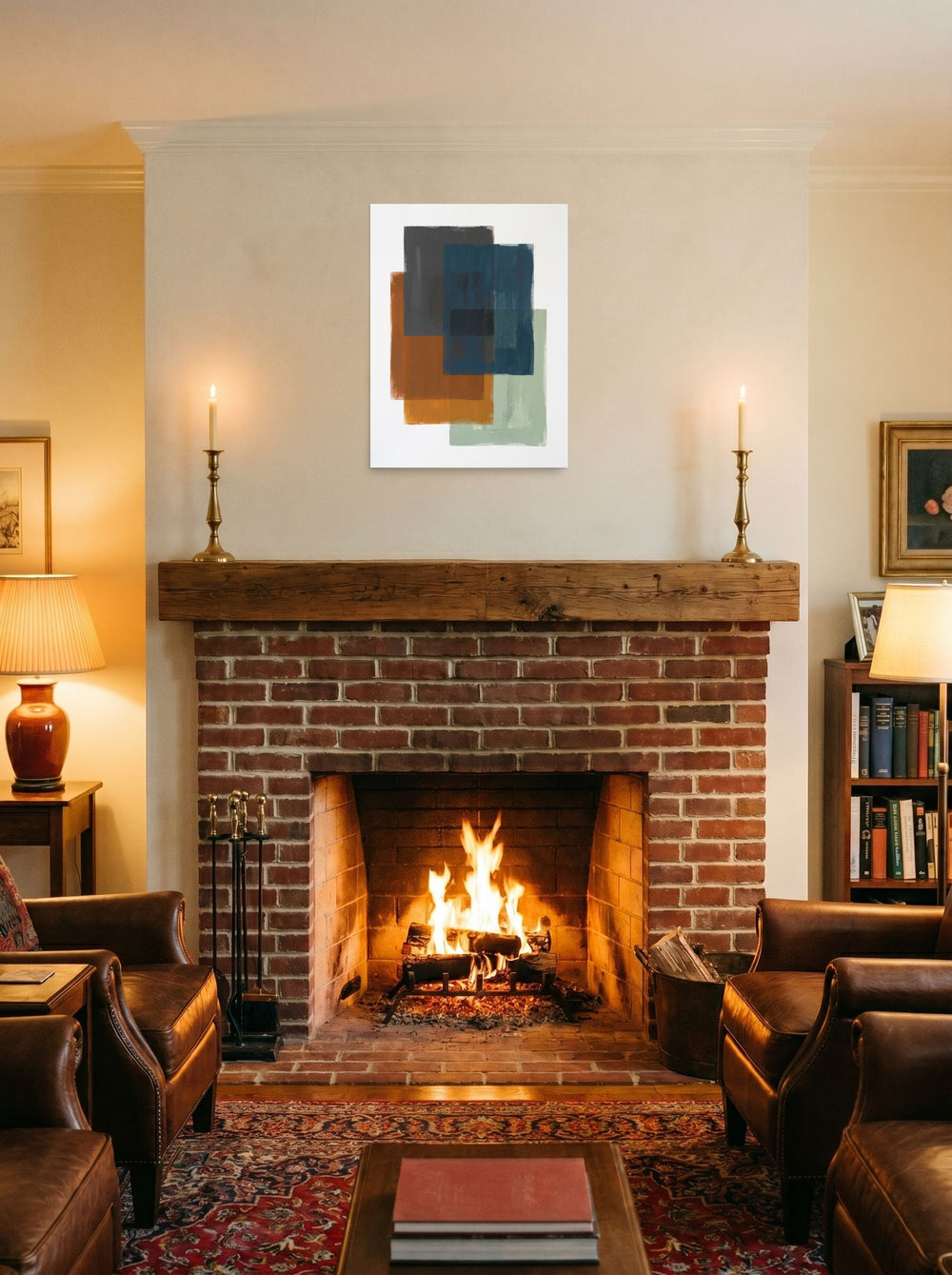 A 18x24 inch unframed paper Minimalism,Color Field print of 'Overlapping Horizons' displayed above a fireplace.