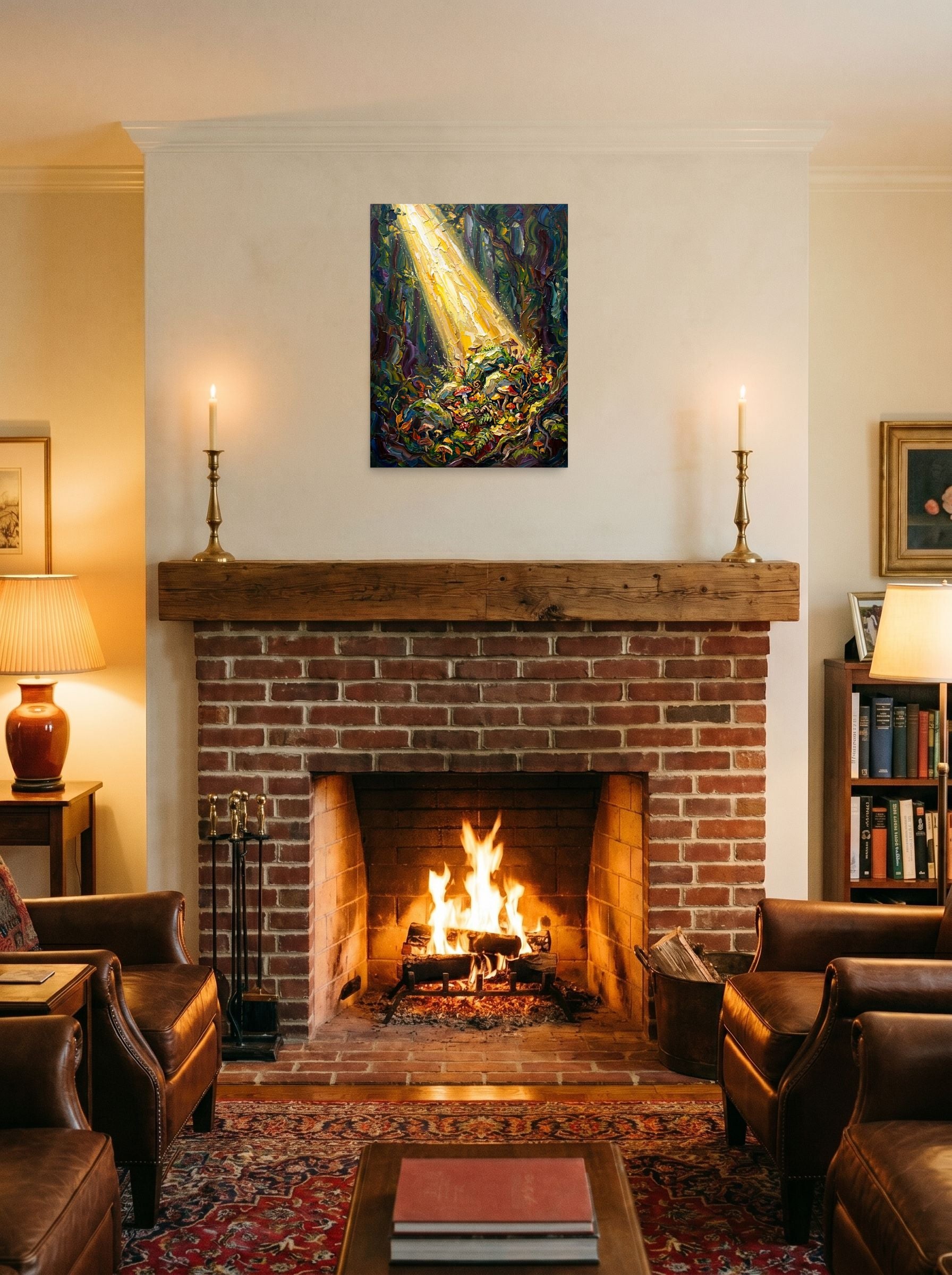 A 18x24 inch unframed paper Impressionism print of 'Forest Illumination' displayed above a fireplace.