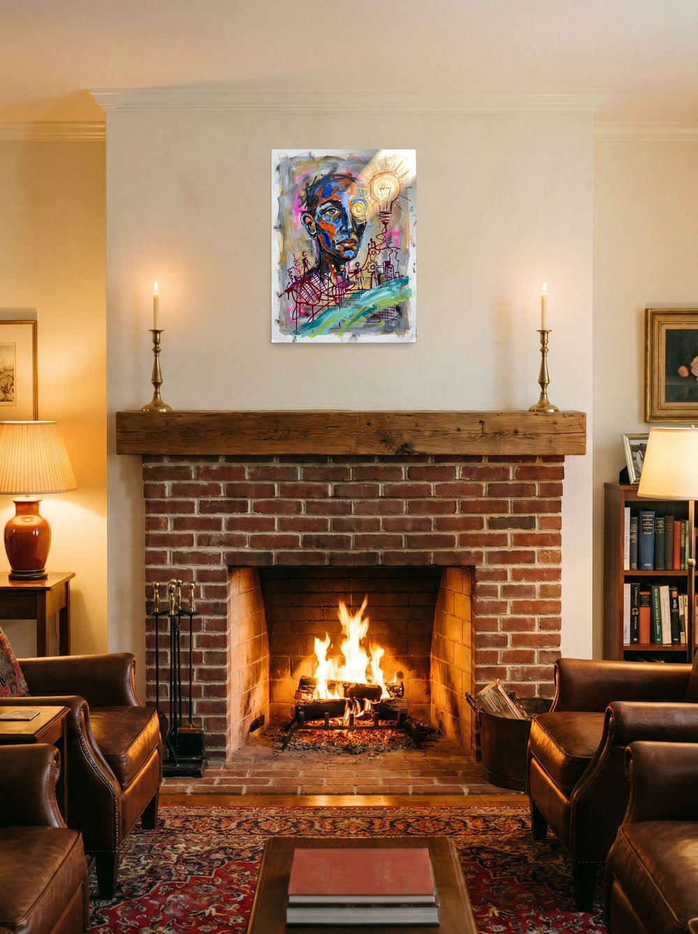 A 18x24 inch unframed paper Neo-expressionism print of 'Spark of Consciousness', displayed above a fireplace.