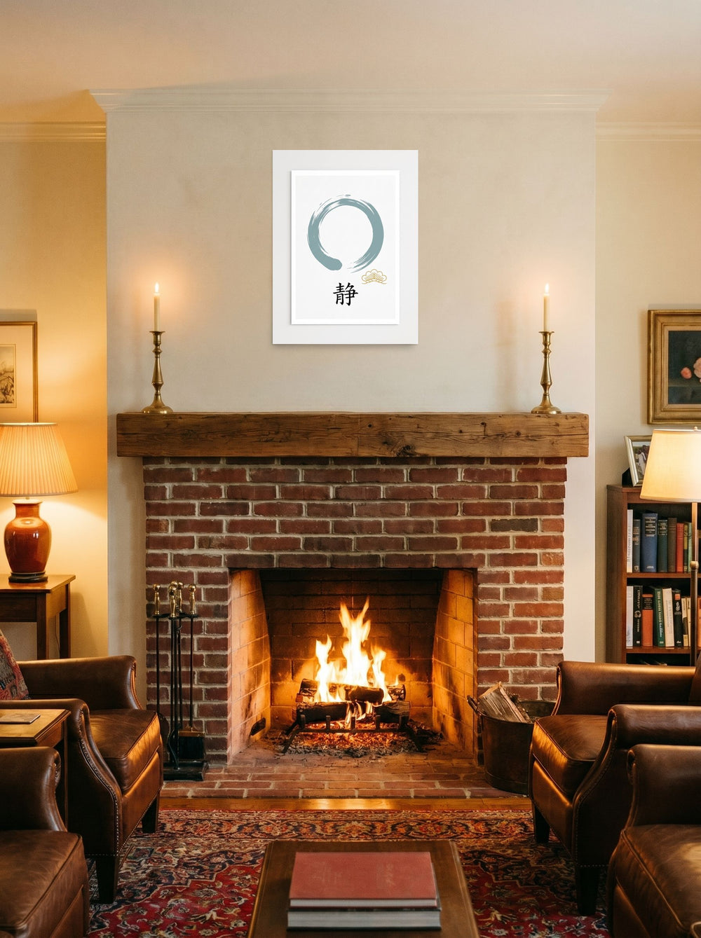 The Shin hanga print 'Circle of Stillness', 18x24 inch unframed paper, styled on a mantel above a fireplace.