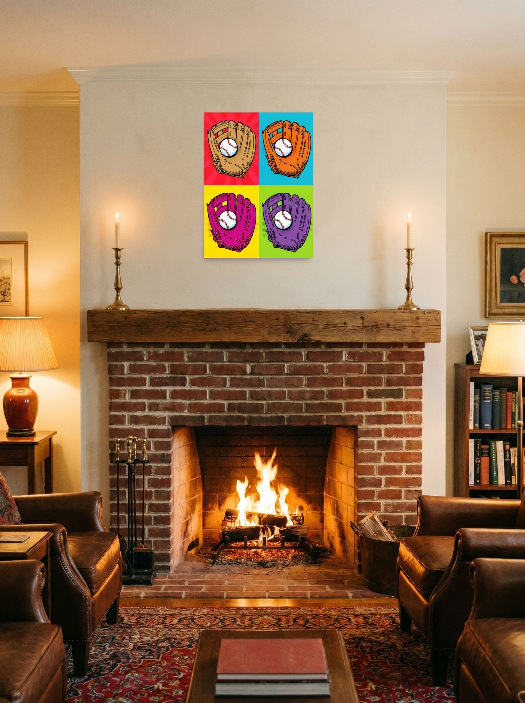 A 18x24 inch unframed paper Pop art print of 'Four Seam Pop' displayed above a fireplace.