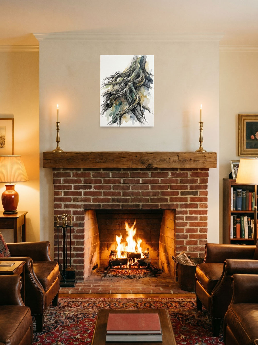 A 18x24 inch unframed paper Expressionism,Realism print of 'Twisted Roots' displayed above a fireplace.