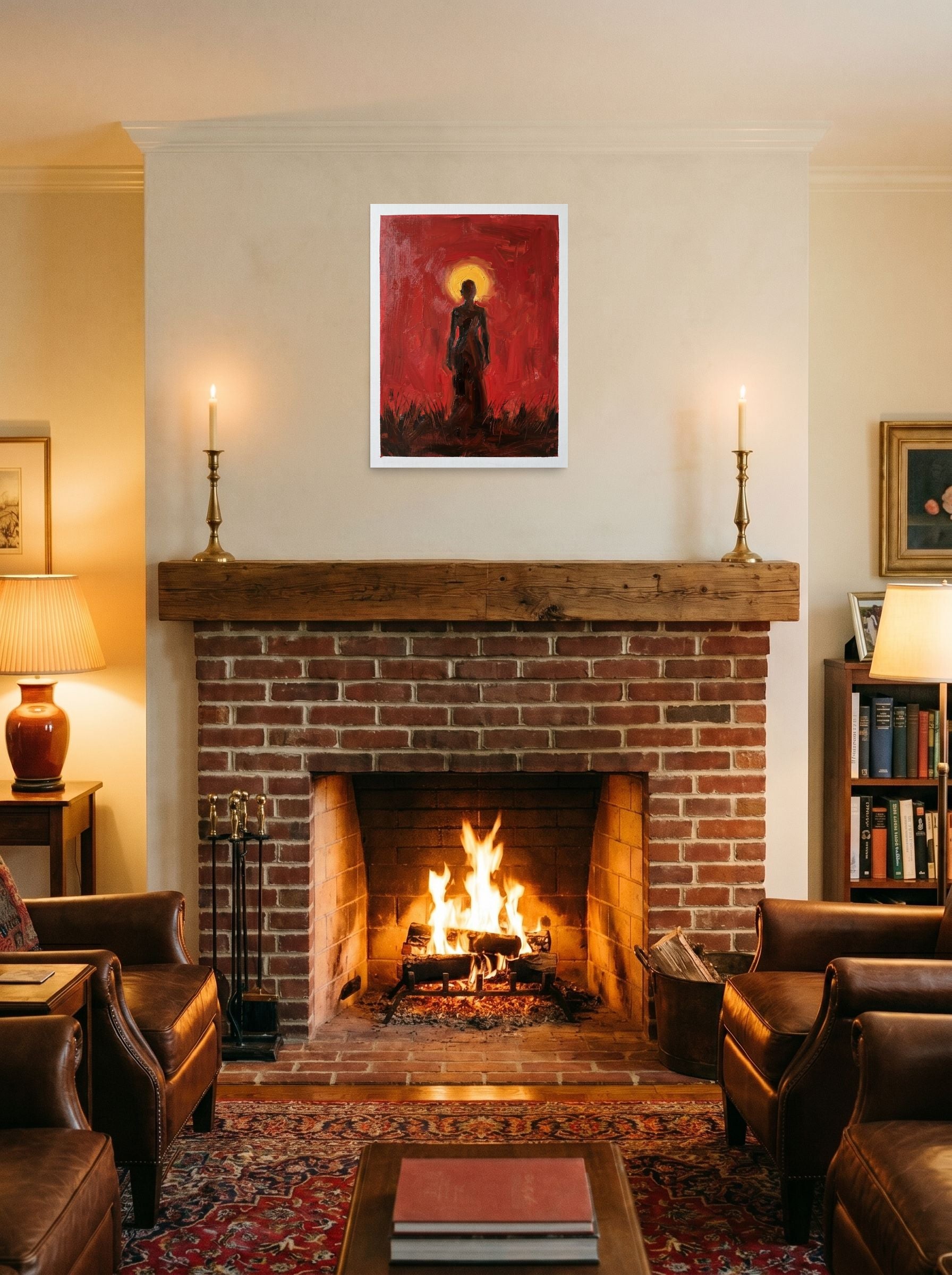 A 18x24 inch unframed paper Expressionism print of 'Crimson Halo' displayed above a fireplace.