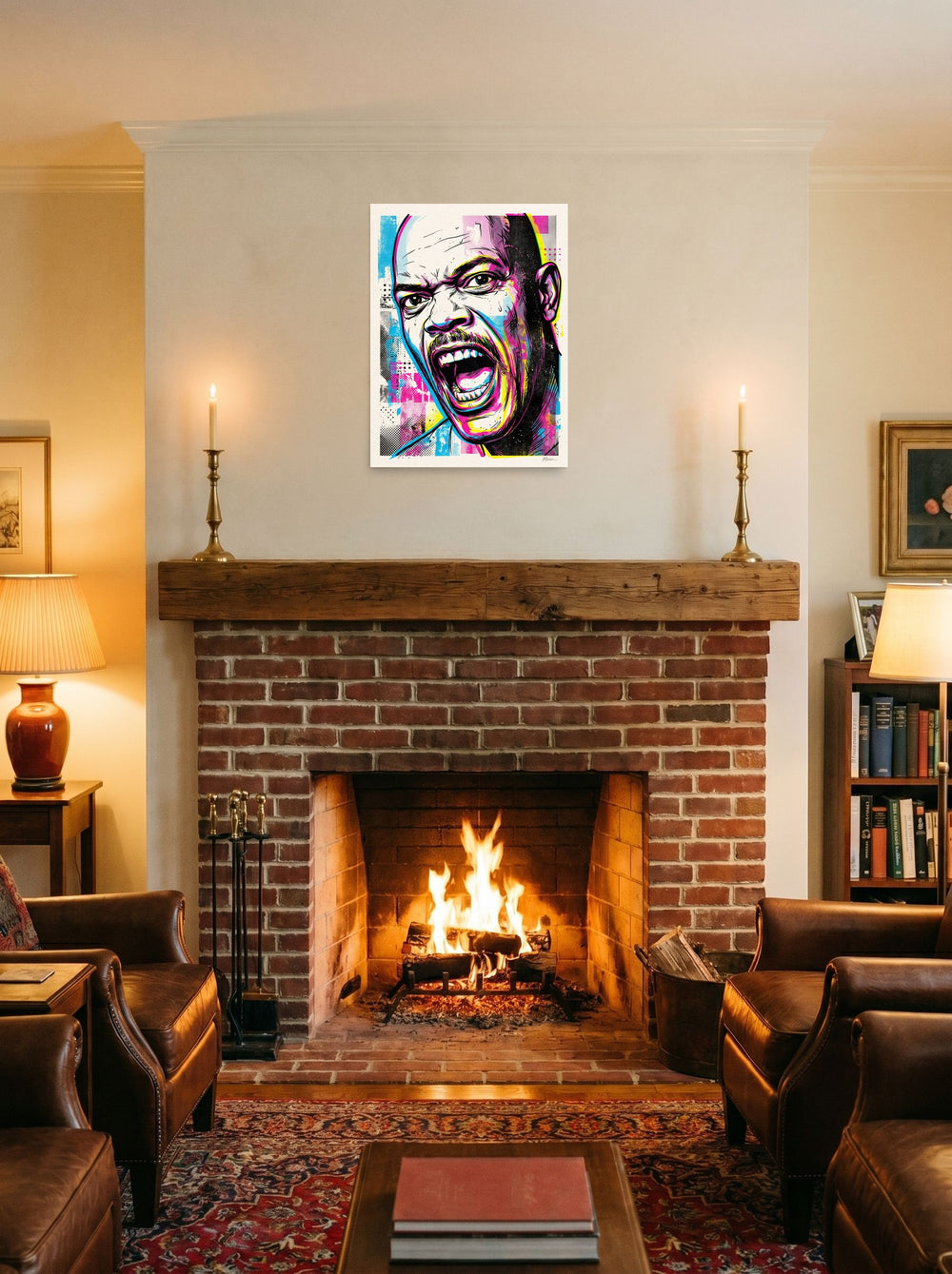 'Unfiltered Fury' as a unframed paper print, 18x24 inch, hung over a fireplace as a focal point.