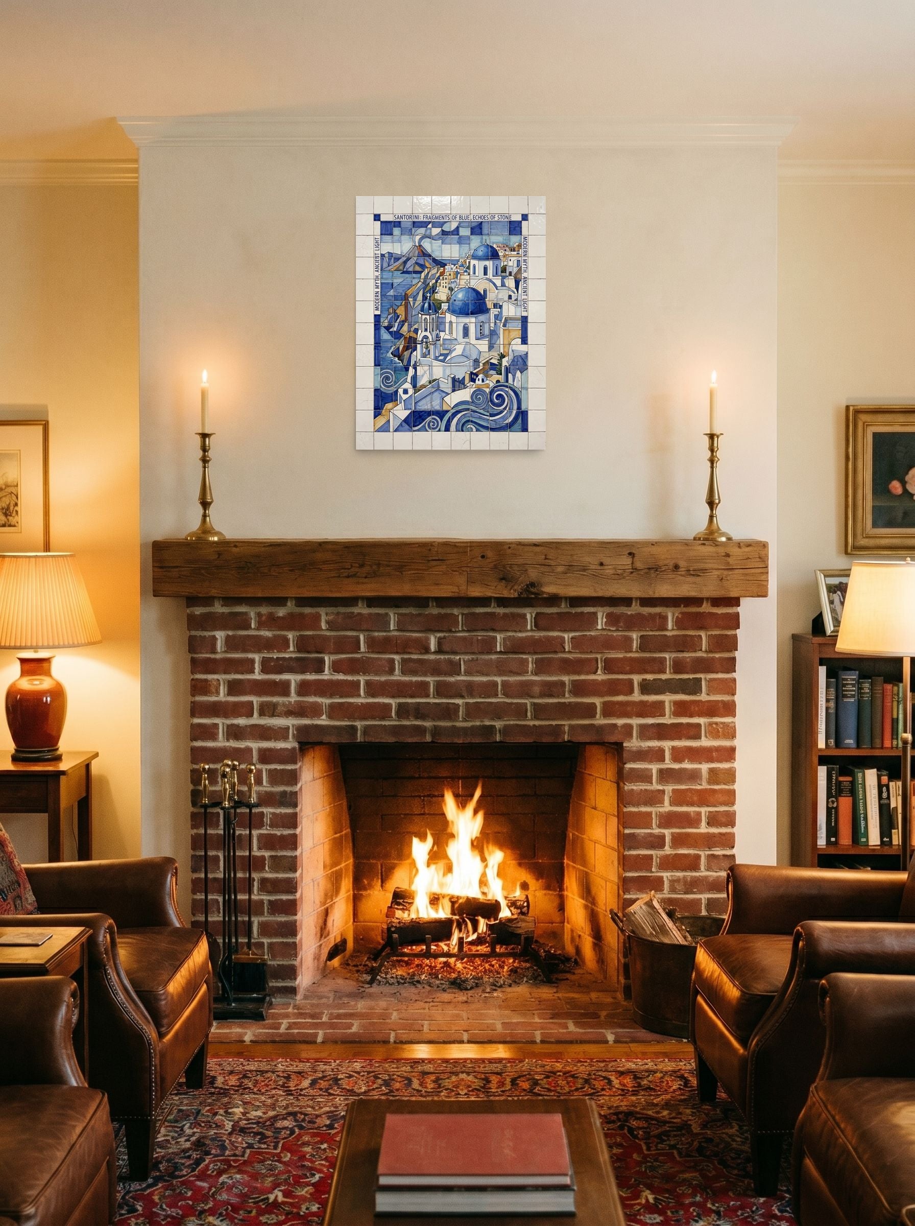 A 18x24 inch unframed paper Cubism print of 'Fragments of Santorini' displayed above a fireplace.