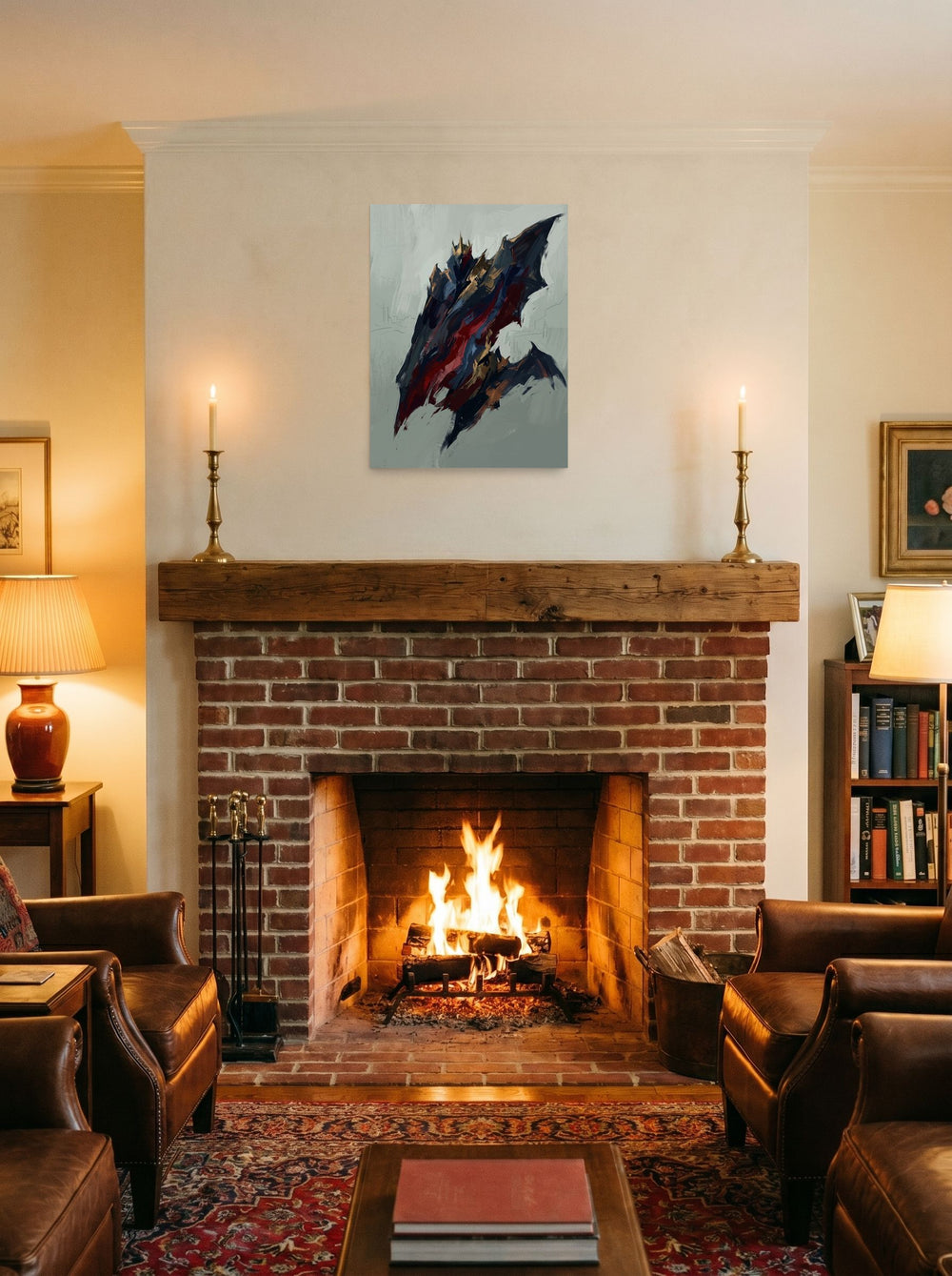 Mockup of 'The Crimson King' as a 18x24 inch unframed paper print, styled on a mantel above a fireplace.