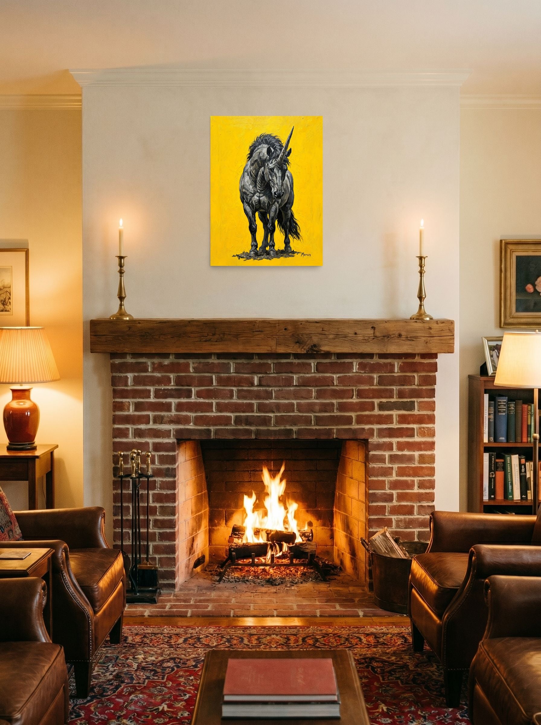 A 18x24 inch unframed paper Expressionism print of 'The Iron Horn' displayed above a fireplace.