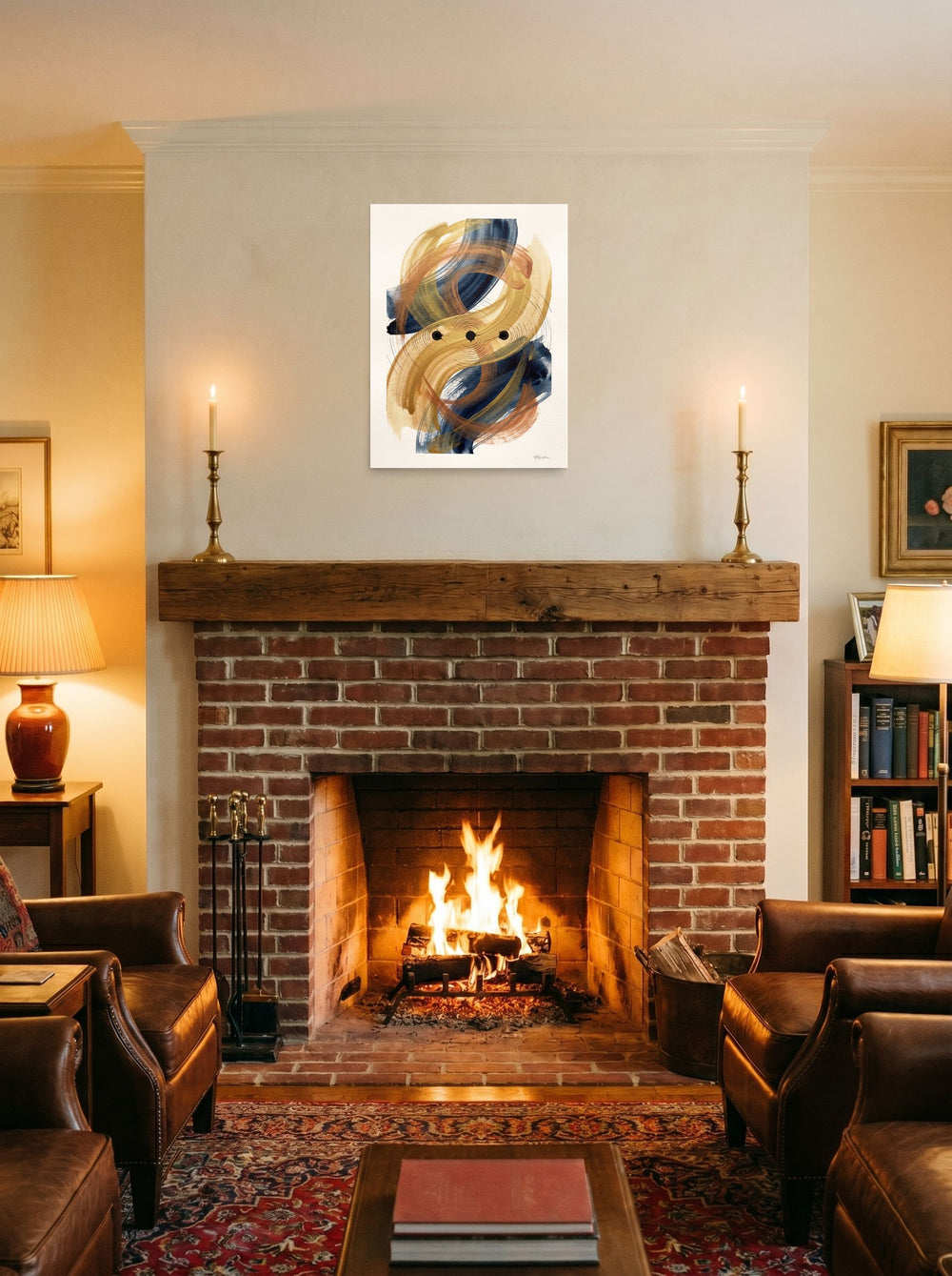 See 'Orbital Equilibrium' as a unframed paper print (18x24 inch), styled on a mantel above a fireplace.