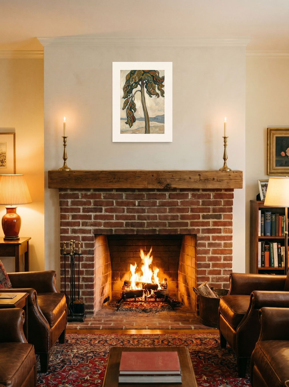 18x24 inch unframed paper print of 'Solitary Pine by the Shore', hung over a fireplace as a focal point.