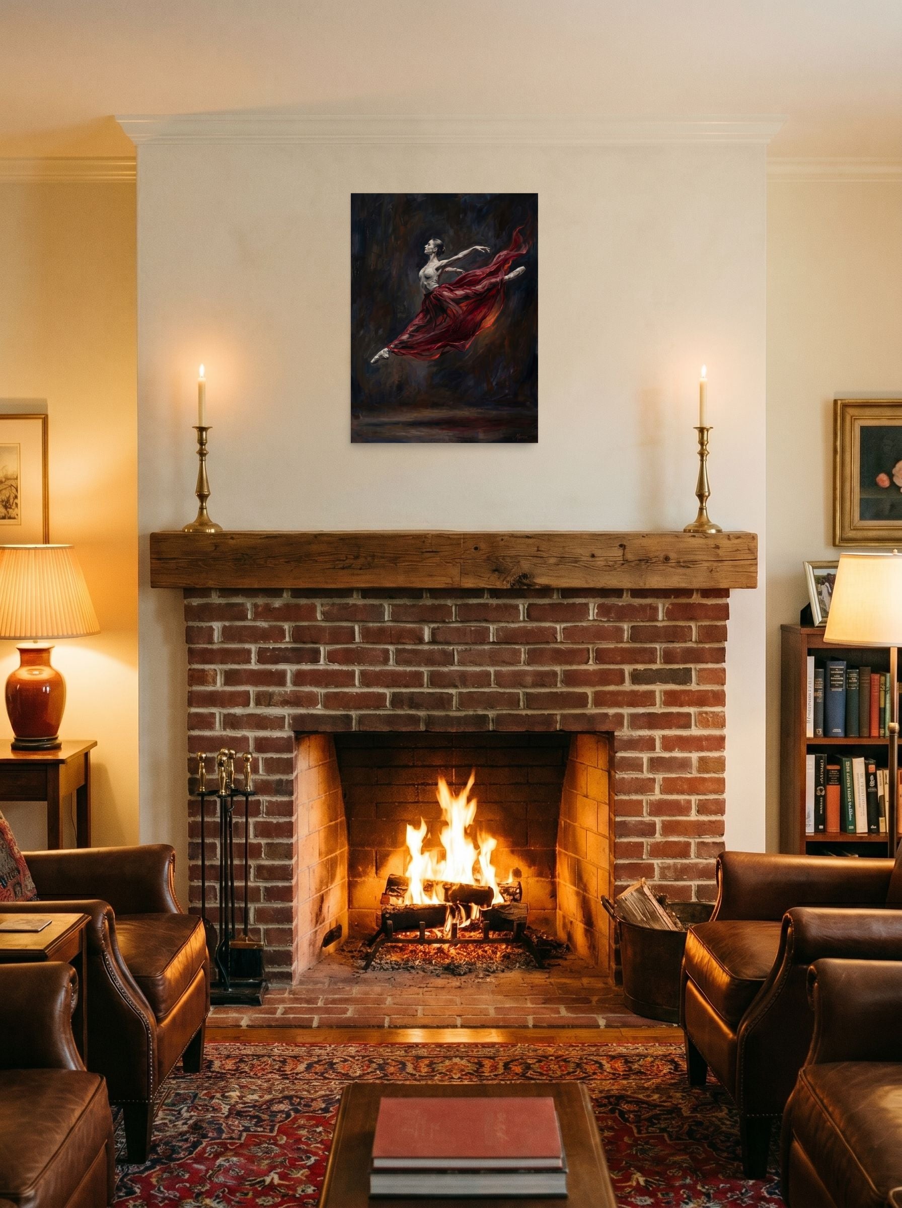A 18x24 inch unframed paper Classical Realism,Romanticism print of 'Crimson Leap' displayed above a fireplace.