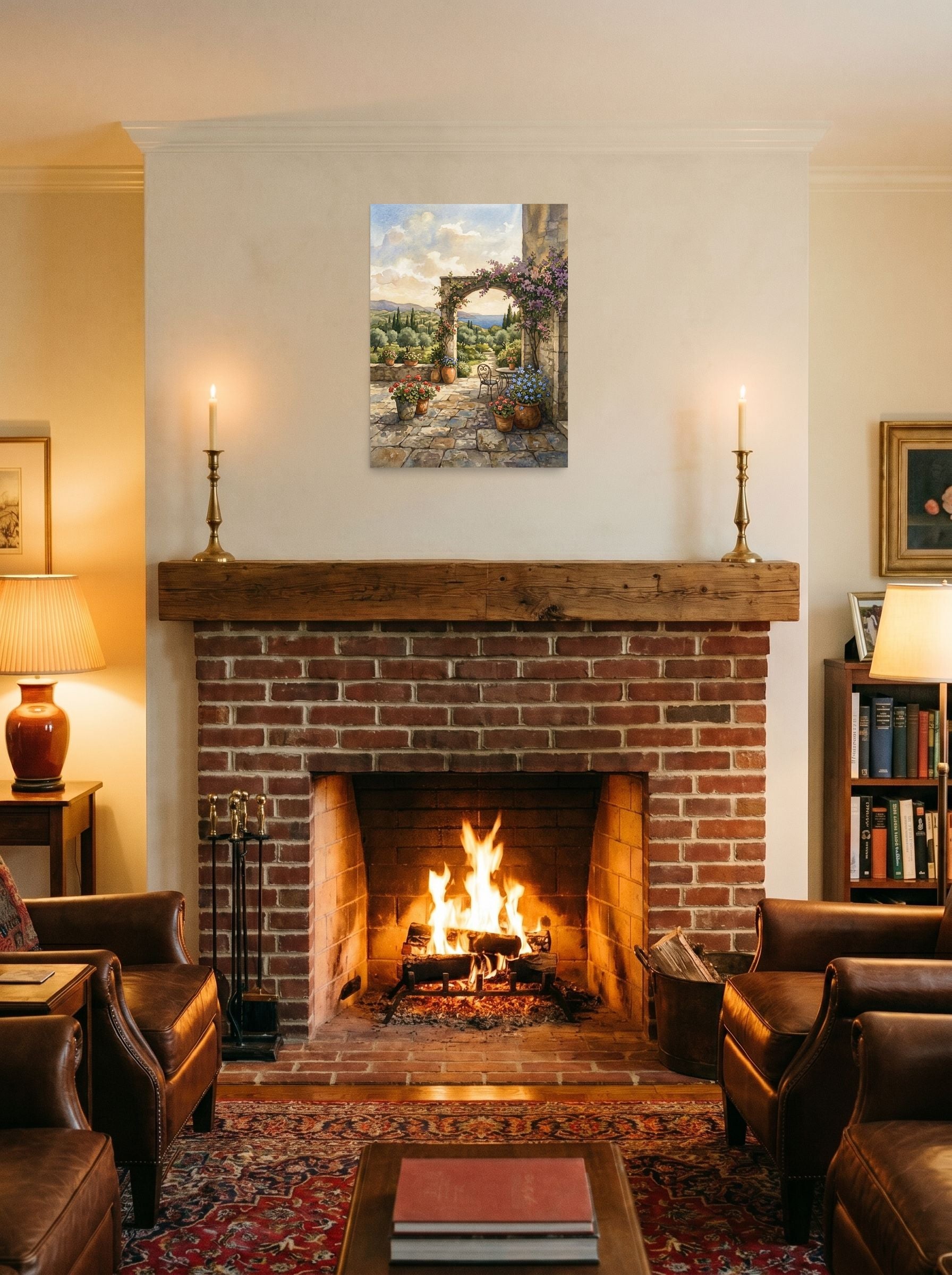 A 18x24 inch unframed paper Realism print of 'Mediterranean Archway' displayed above a fireplace.