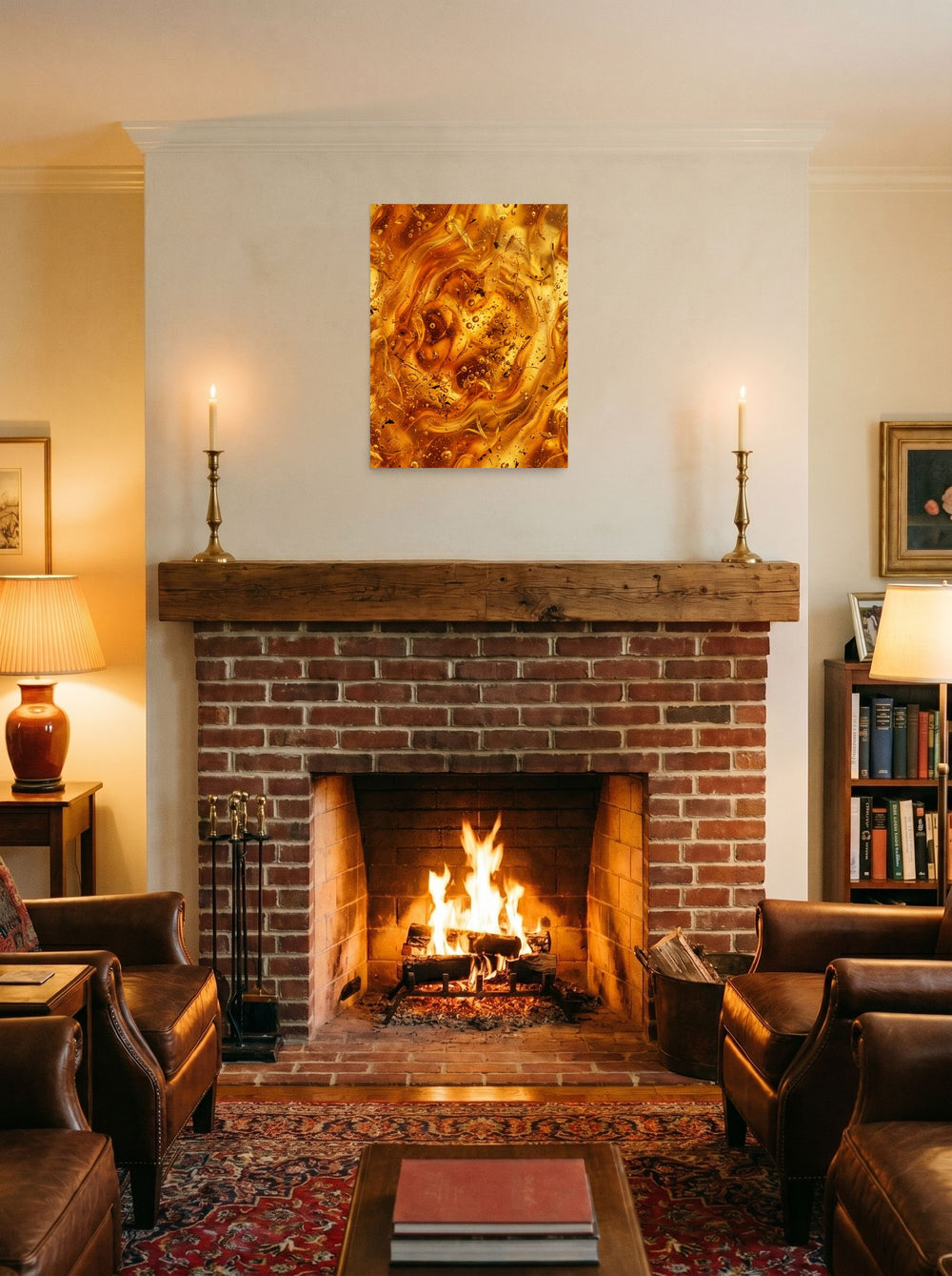 A 18x24 inch unframed paper Abstract art print of 'Amber Depths' displayed above a fireplace.