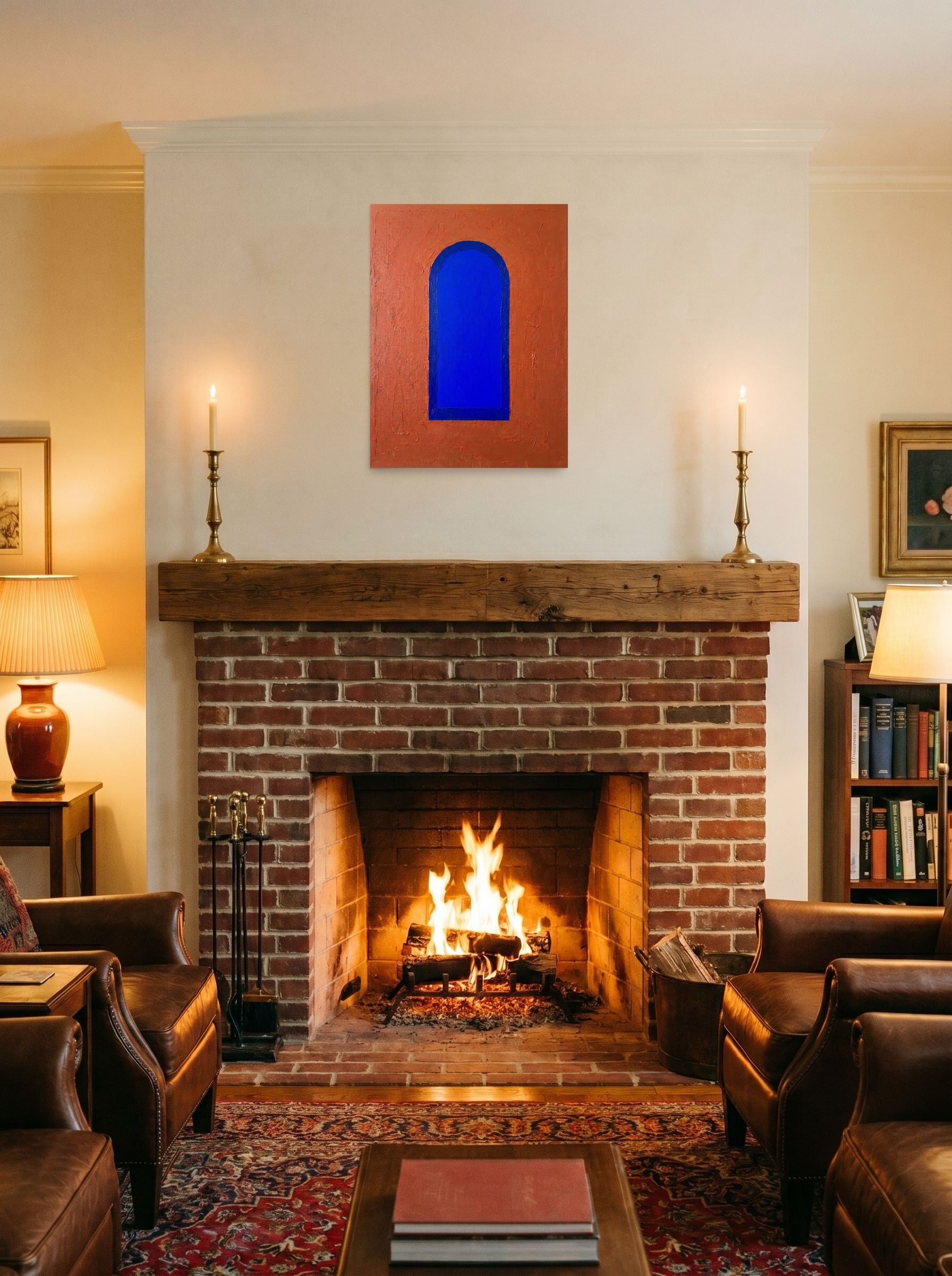 A 18x24 inch unframed paper Minimalism print of 'The Blue Arch' displayed above a fireplace.