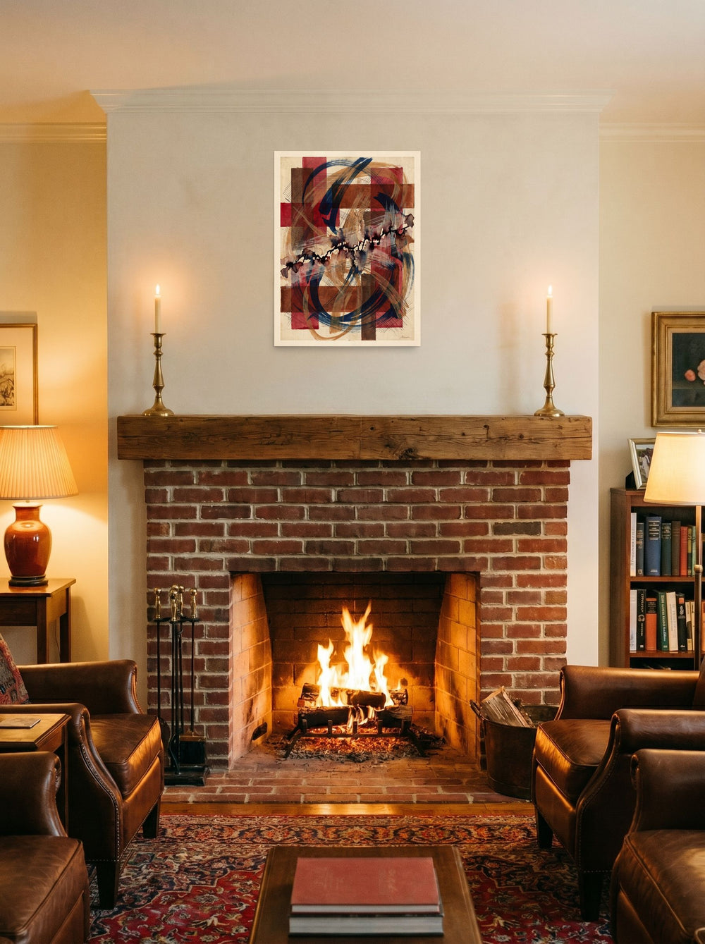 Geometric abstract art wall art 'Crimson Lattice', unframed paper at 18x24 inch, styled on a mantel above a fireplace.