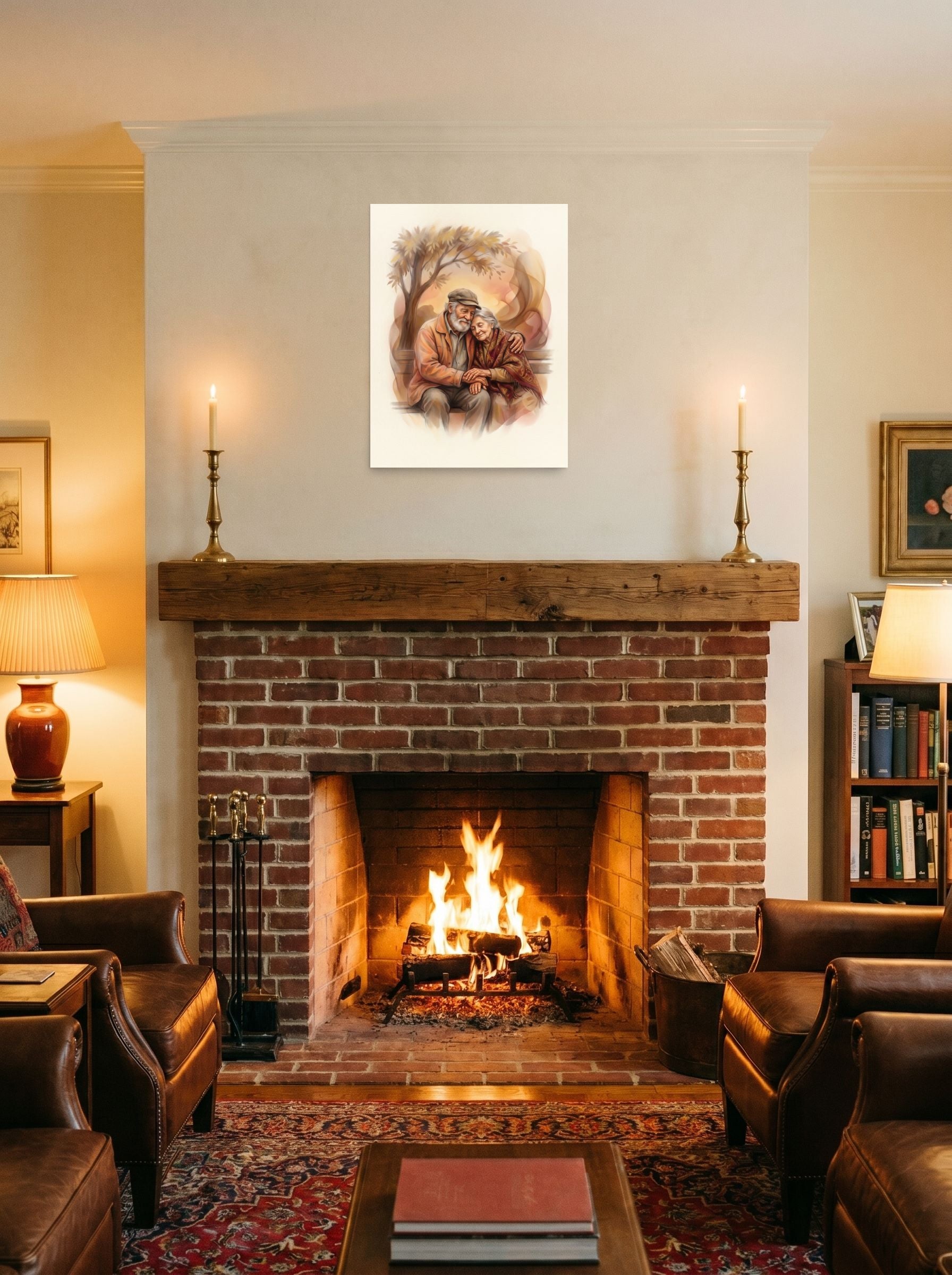 A 18x24 inch unframed paper Realism print of 'Autumn Affection' displayed above a fireplace.
