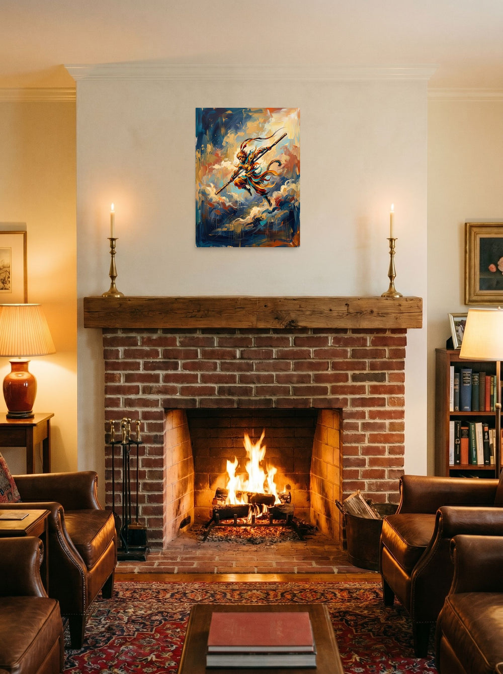 The Impressionism print 'Cloud Sovereign', 18x24 inch unframed paper, displayed above a fireplace.